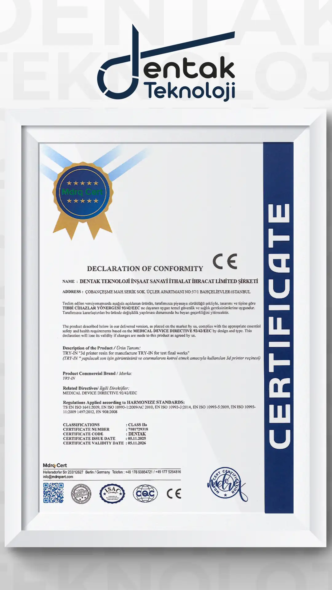 Dentak Teknoloji CE Sertifkası