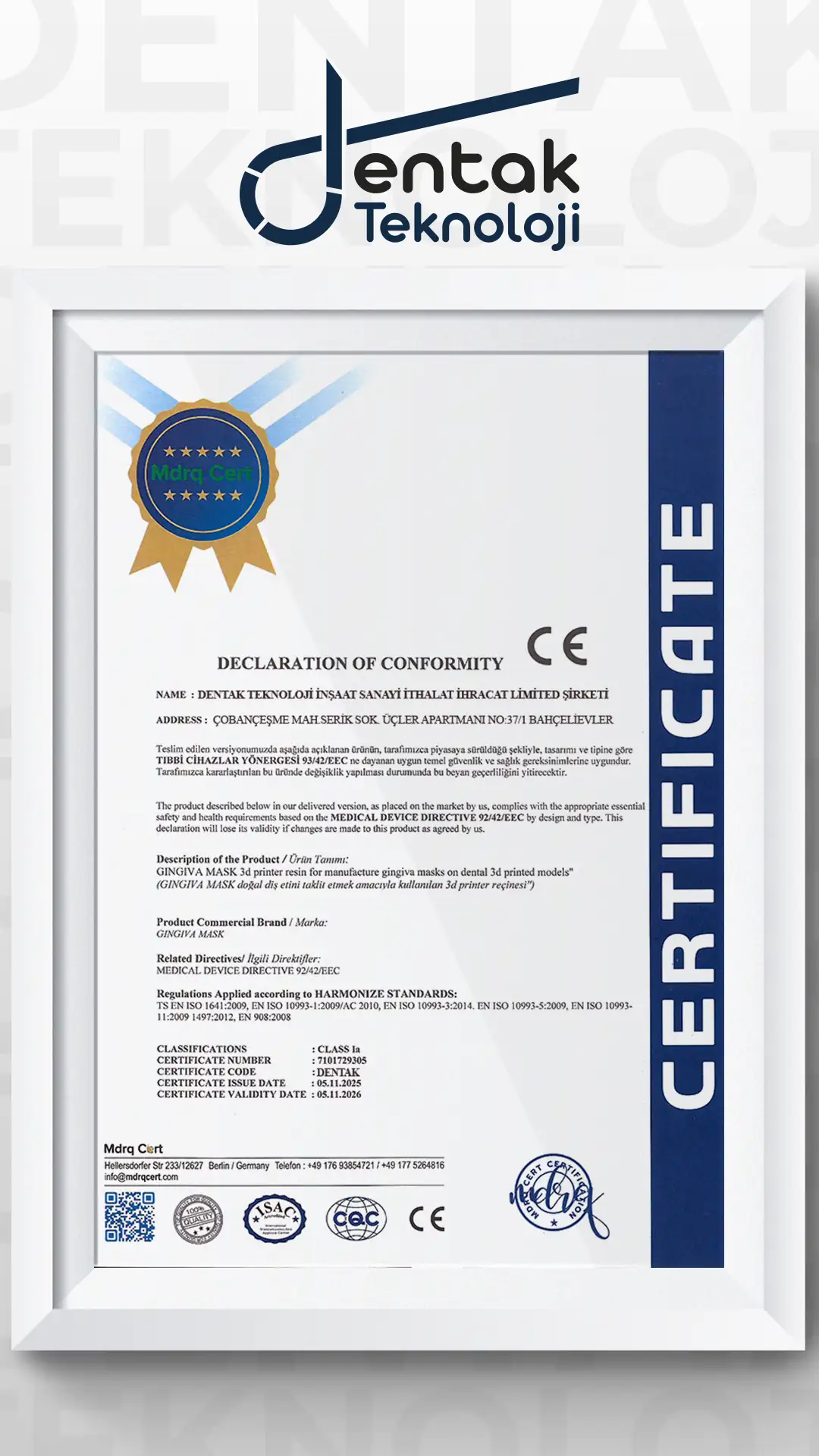 Dentak Teknoloji CE Sertifkası