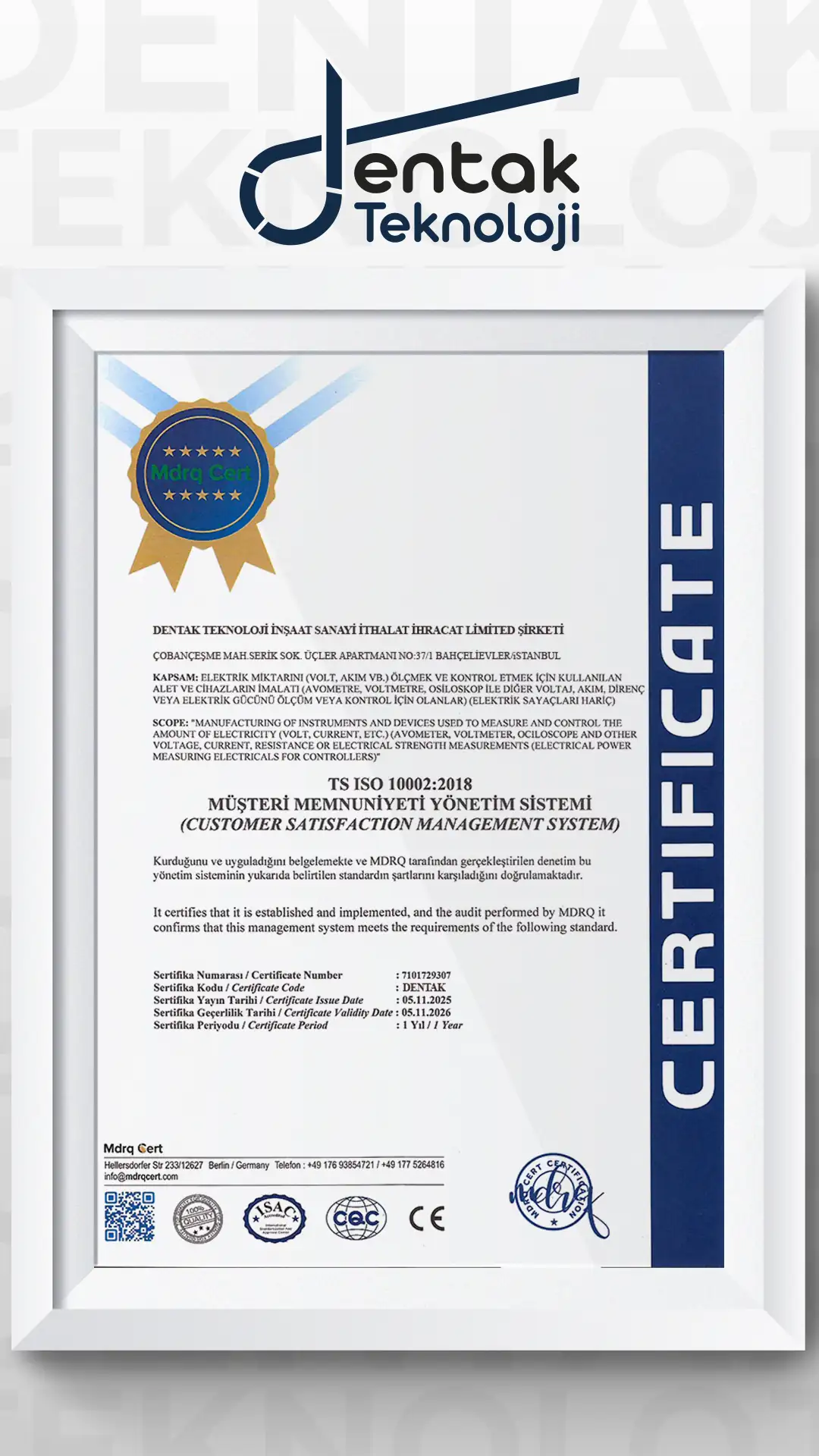 Dentak Teknoloji ISO 1002:2018 Sertifkası