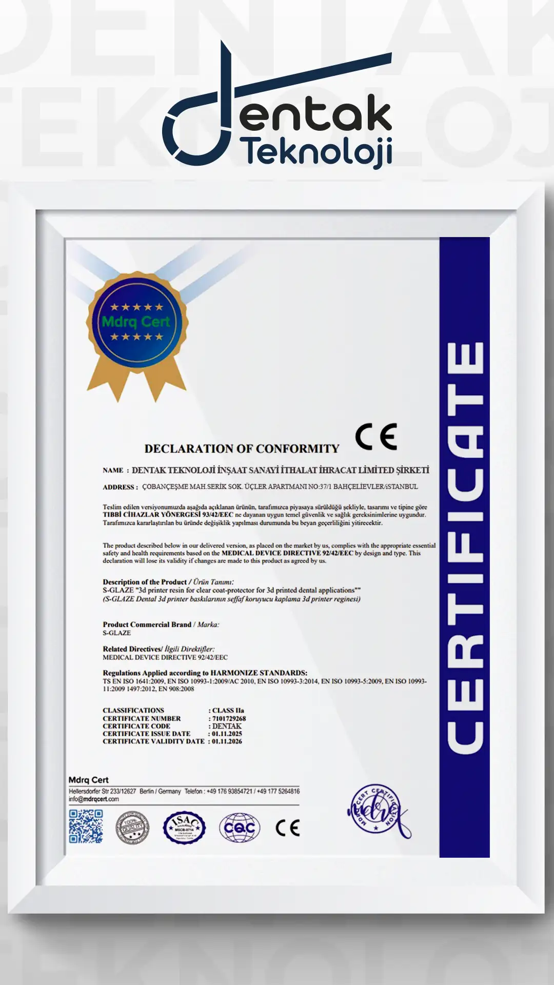 Dentak Teknoloji CE Sertifkası