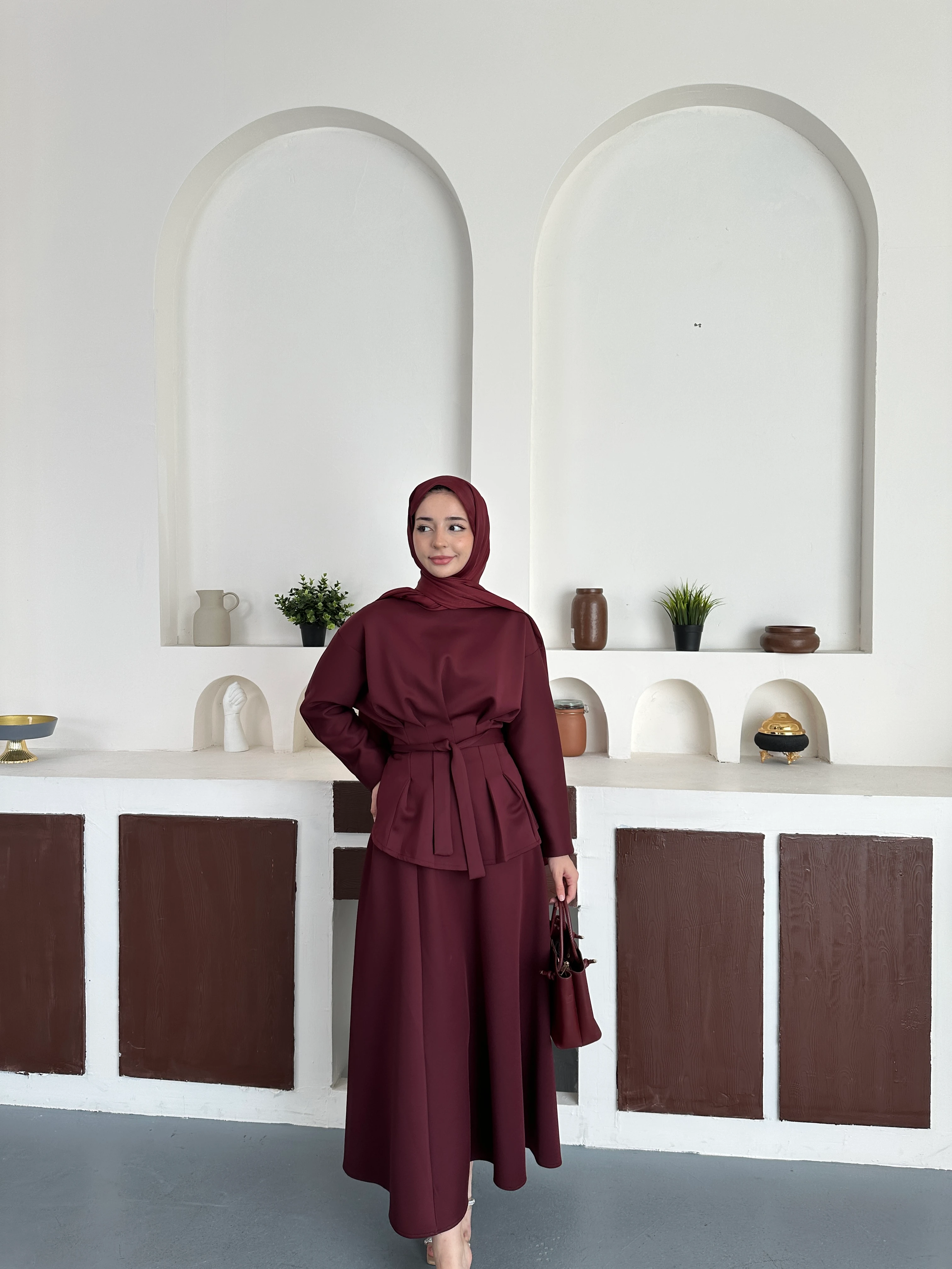 Pileli etekli takım - Bordoo