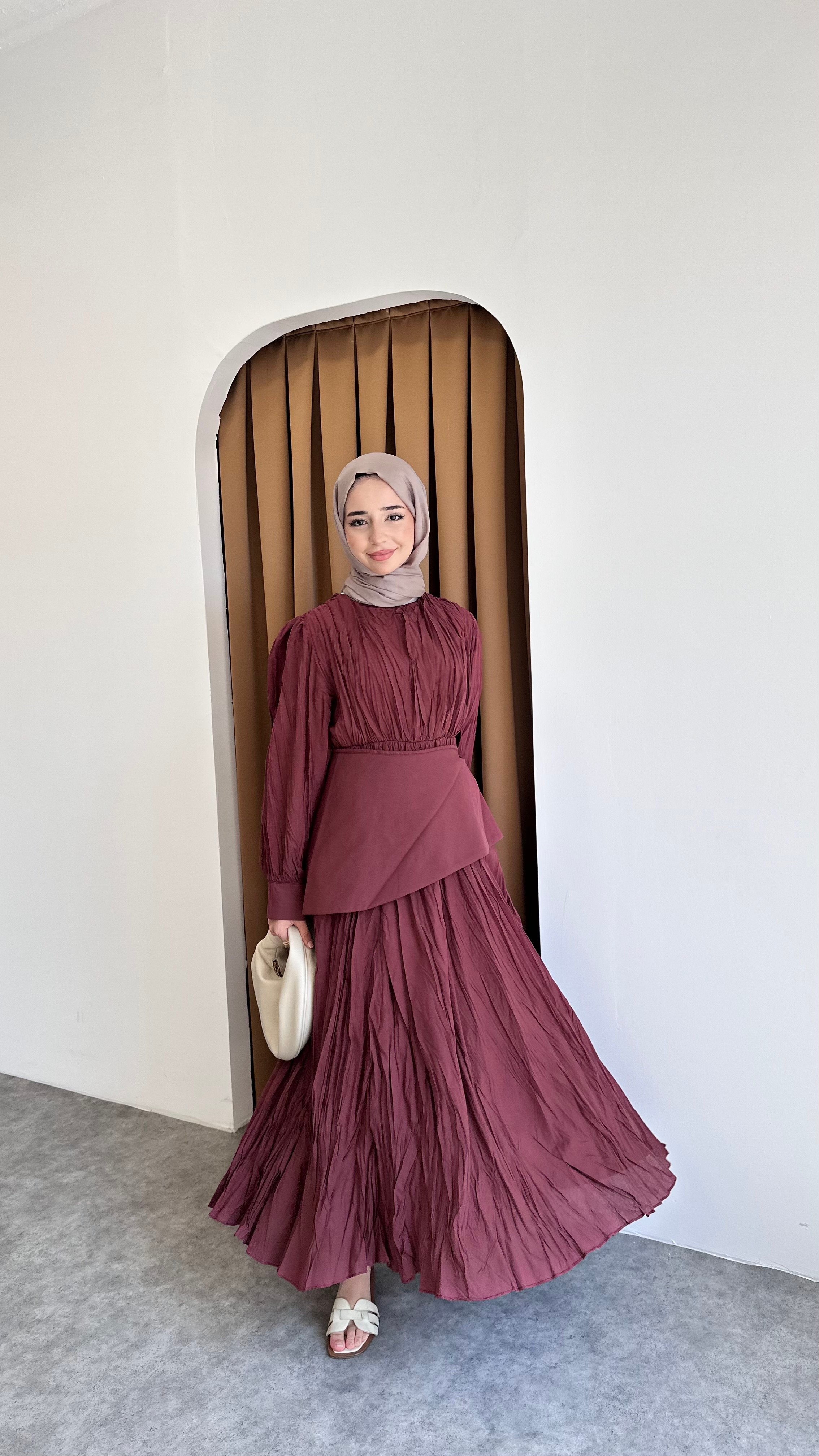 İnci Pile Elbise - Bordo