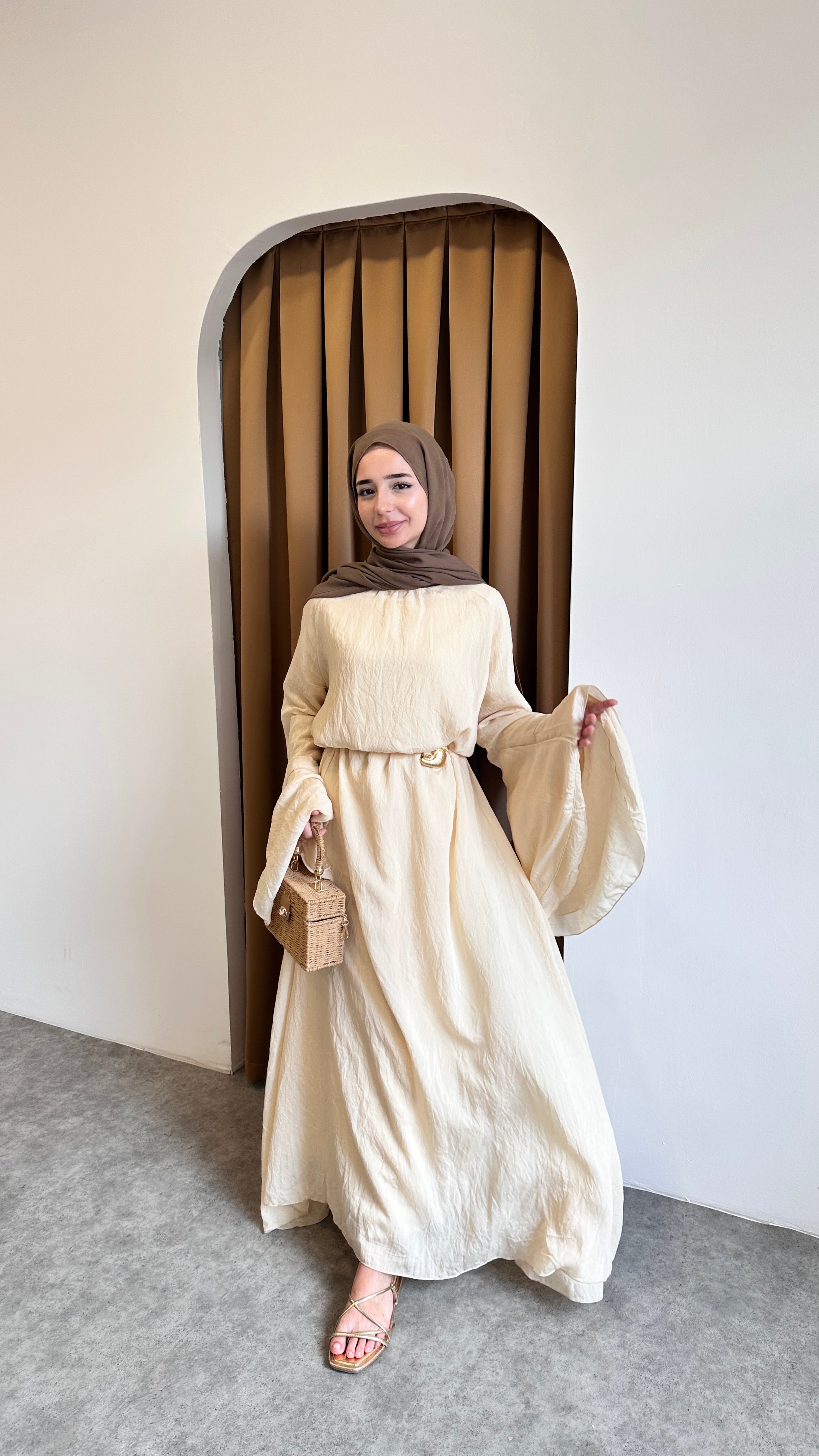 Balon kol elbise - Bej