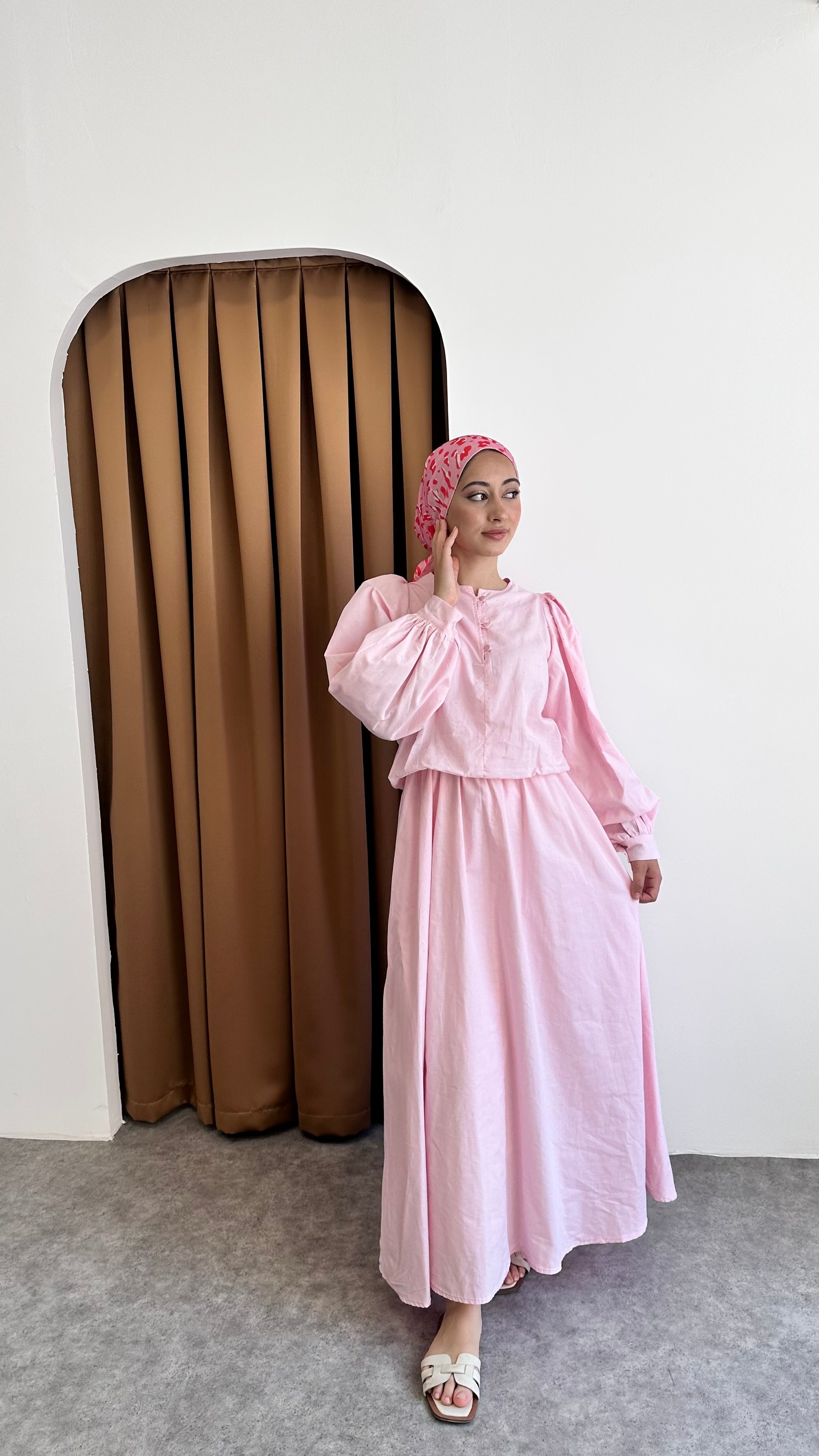 Taşlı keten elbise - Pembe