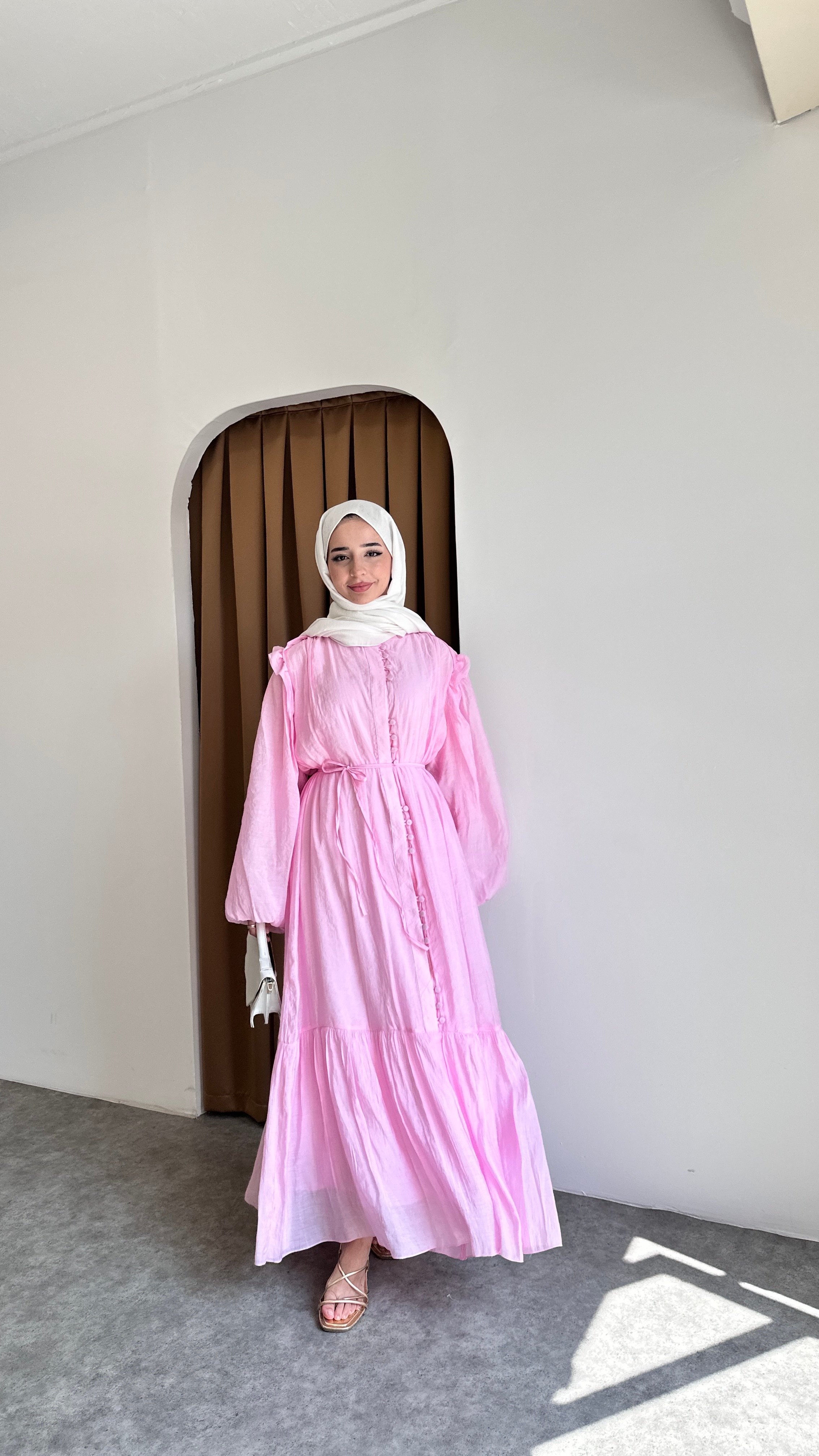 Volanlı Düğme Elbise - Pembe
