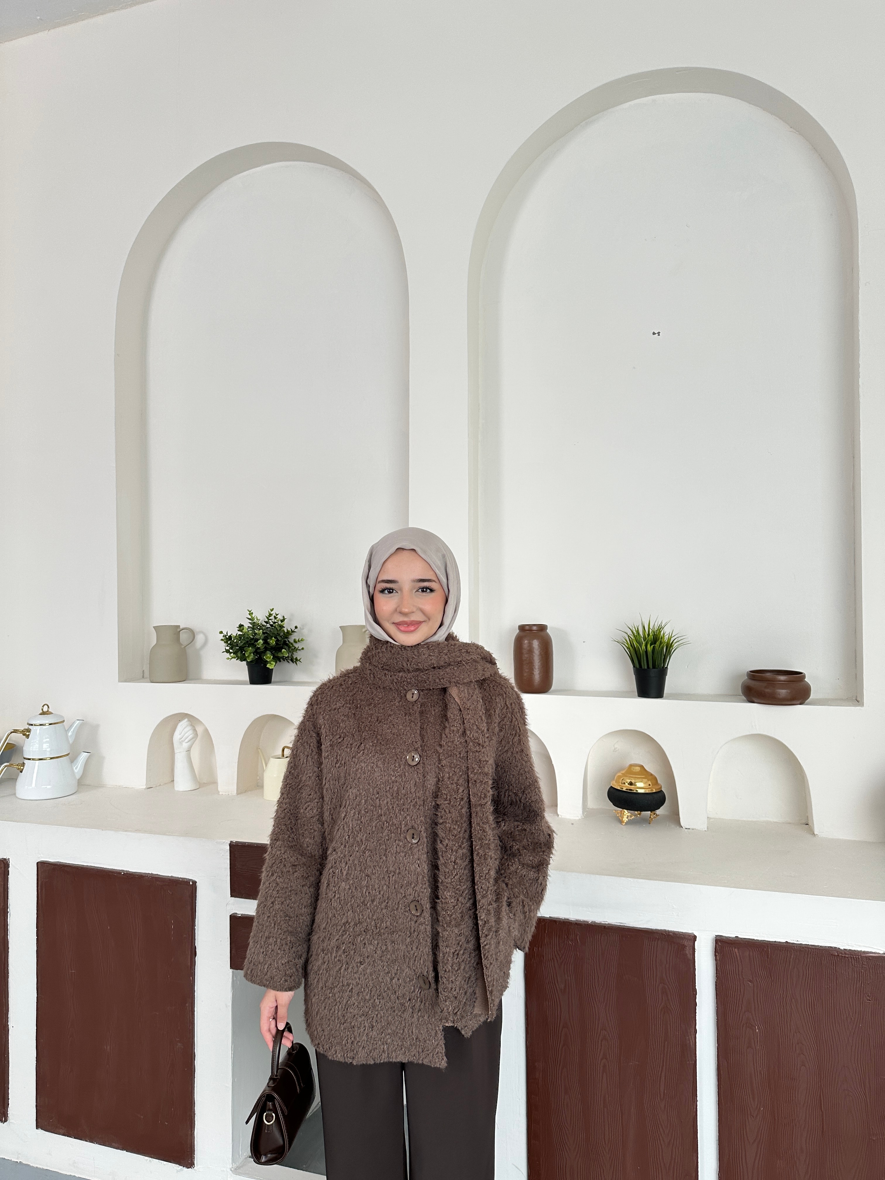 Atkılı Peluş ceket - Kahve