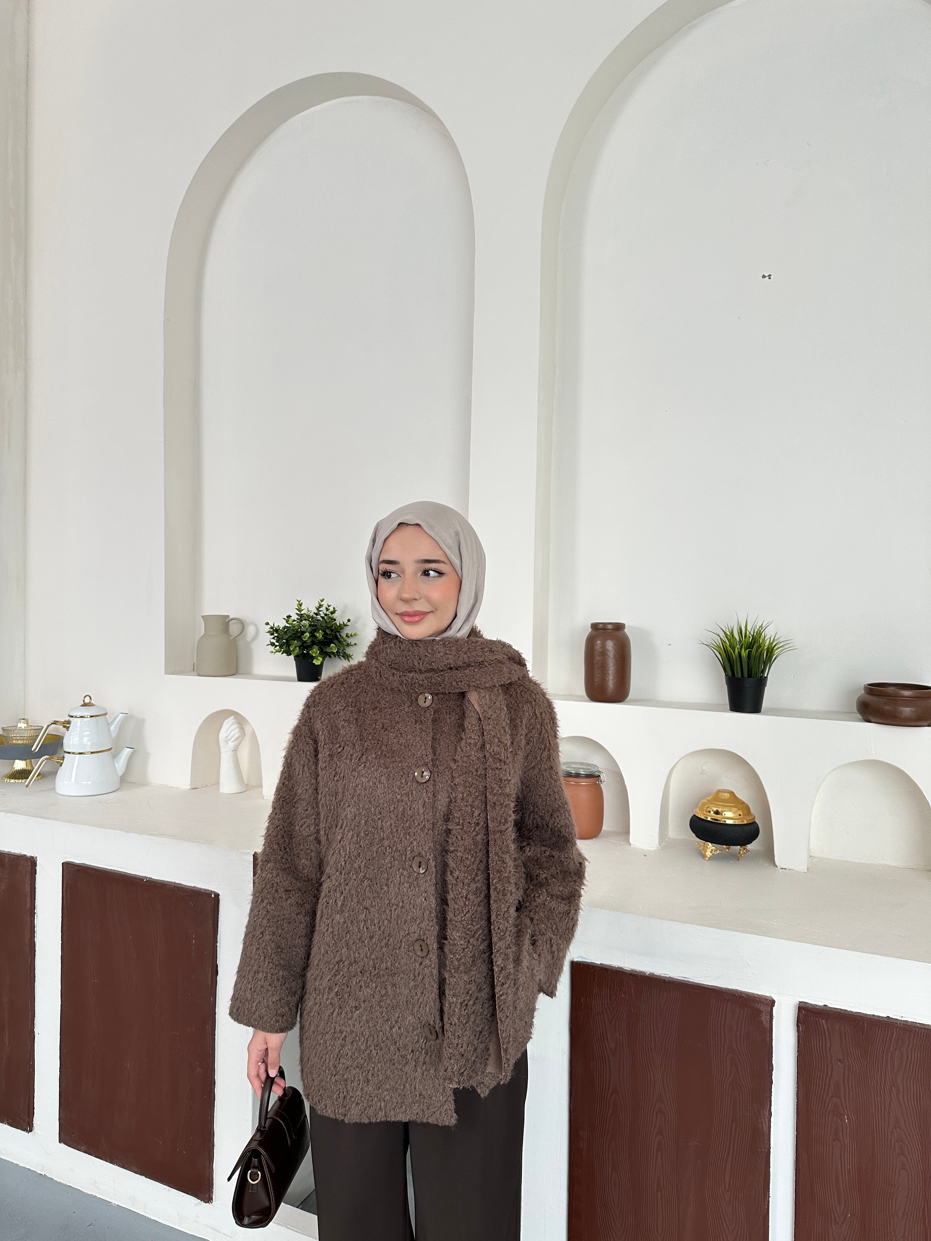 Atkılı Peluş ceket - Kahve