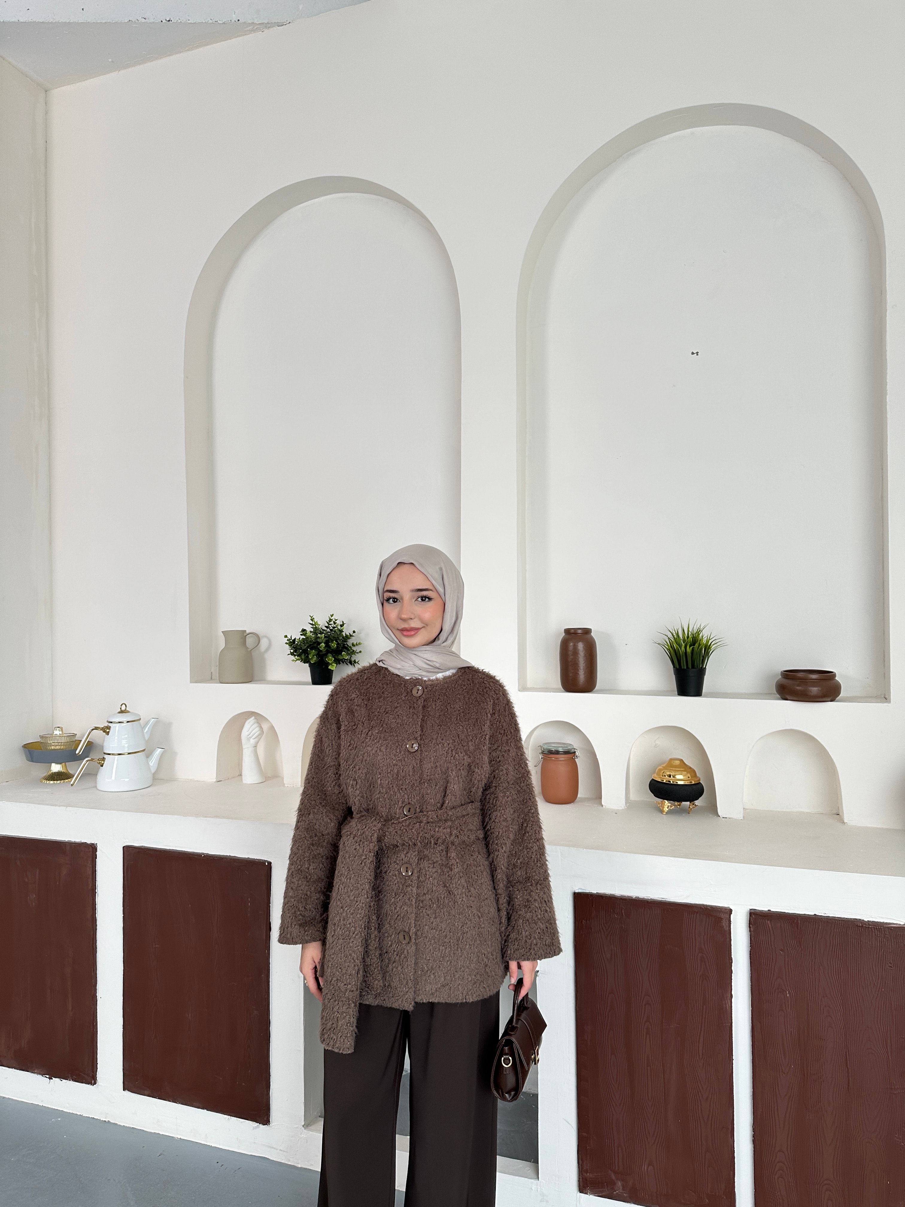 Atkılı Peluş ceket - Kahve