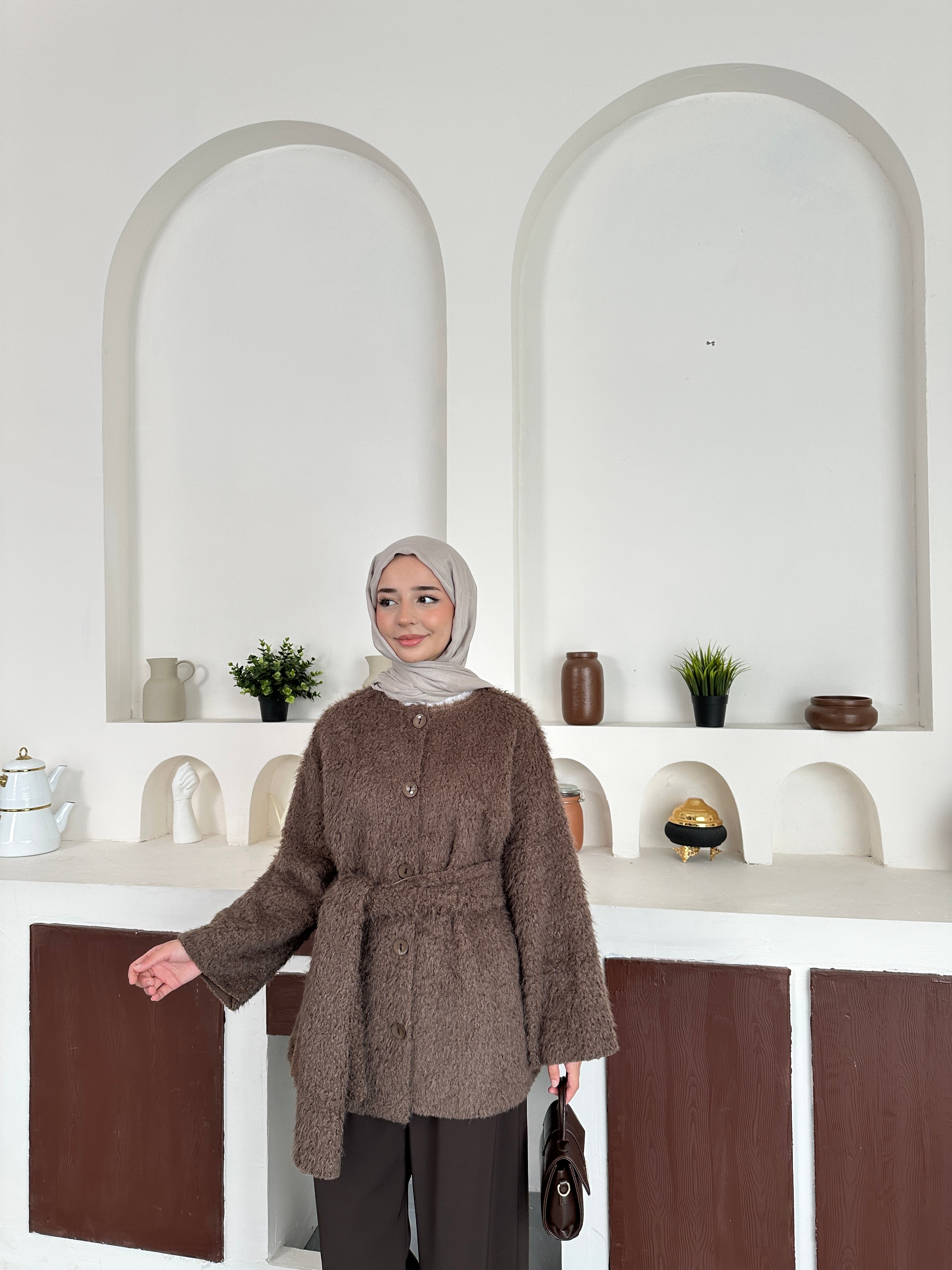 Atkılı Peluş ceket - Kahve