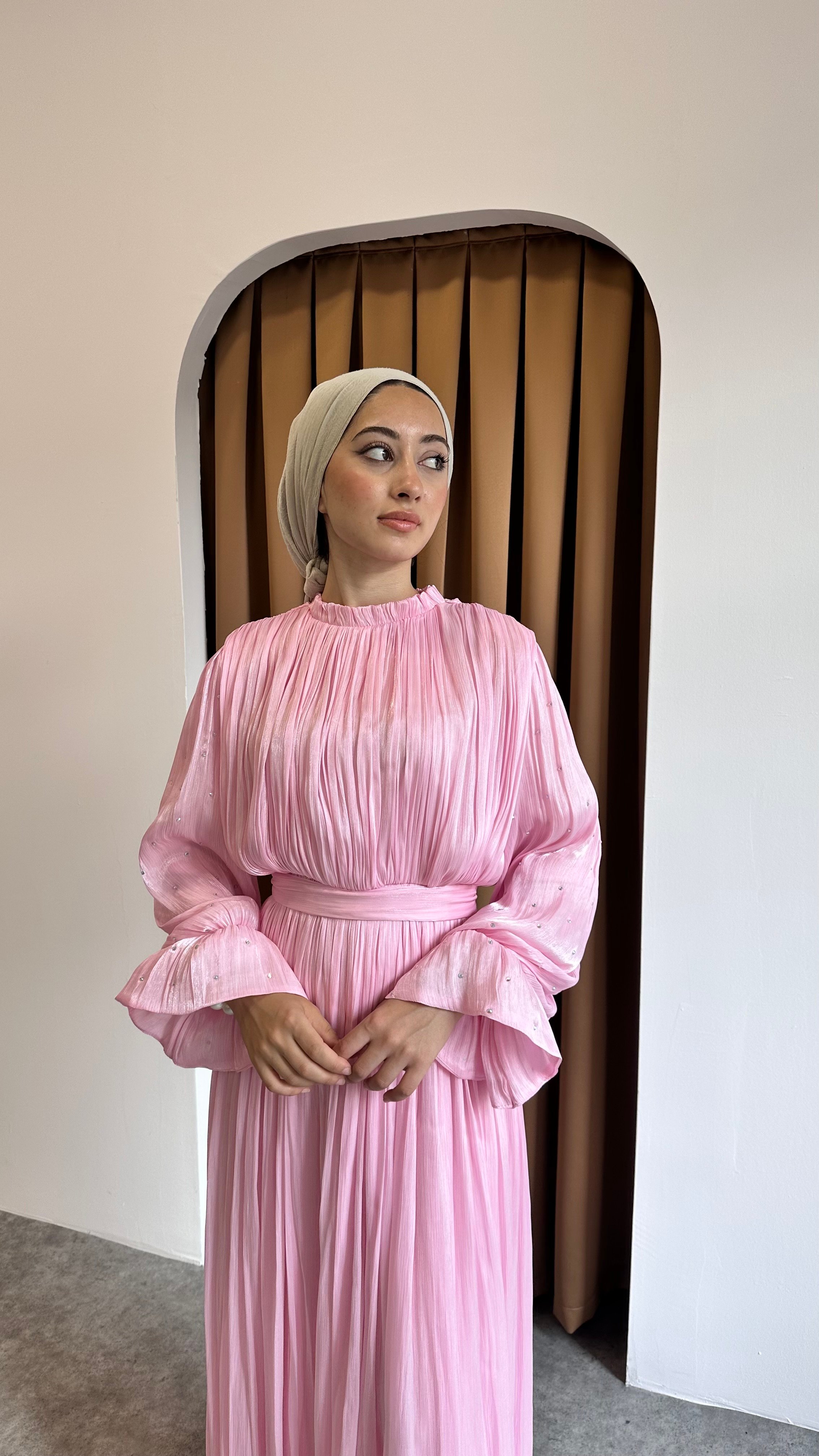 taşlı gül detaylı abiye - Pembe