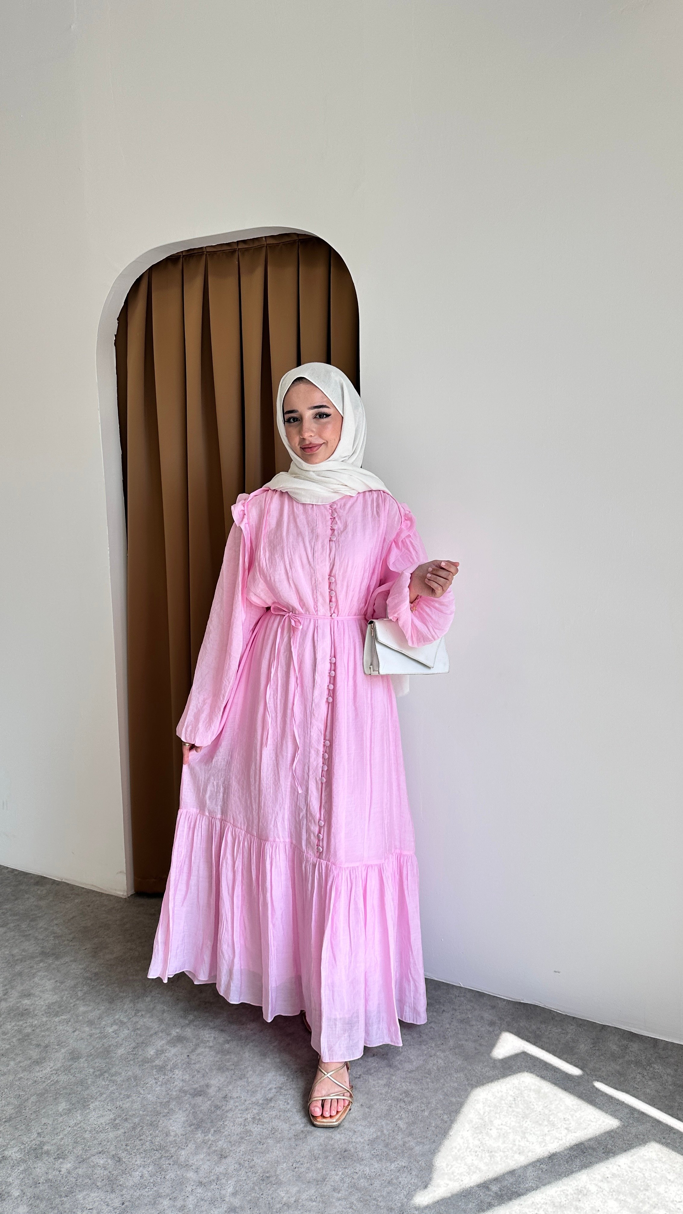 Volanlı Düğme Elbise - Pembe