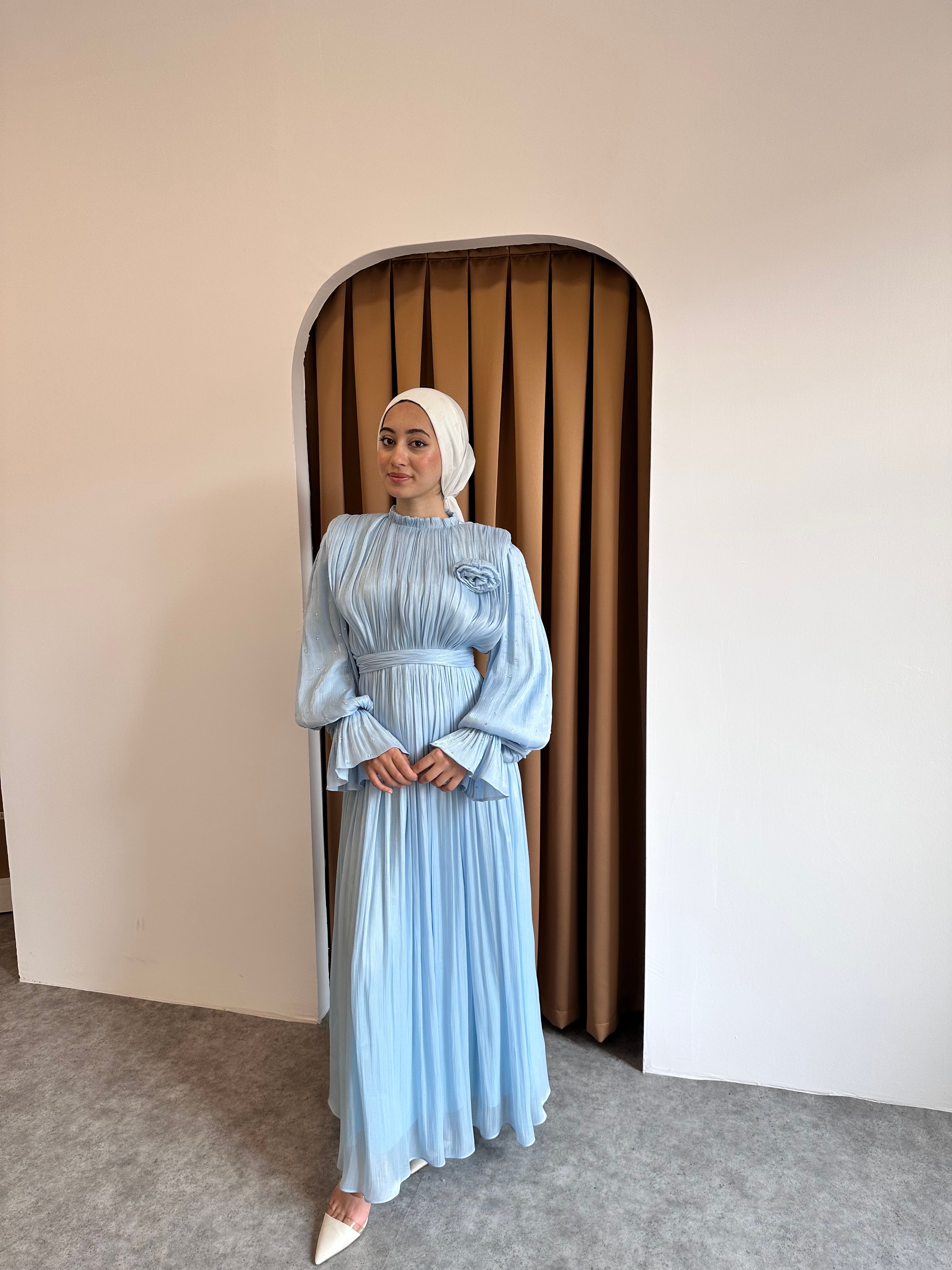 taşlı gül detaylı abiye - Mavi