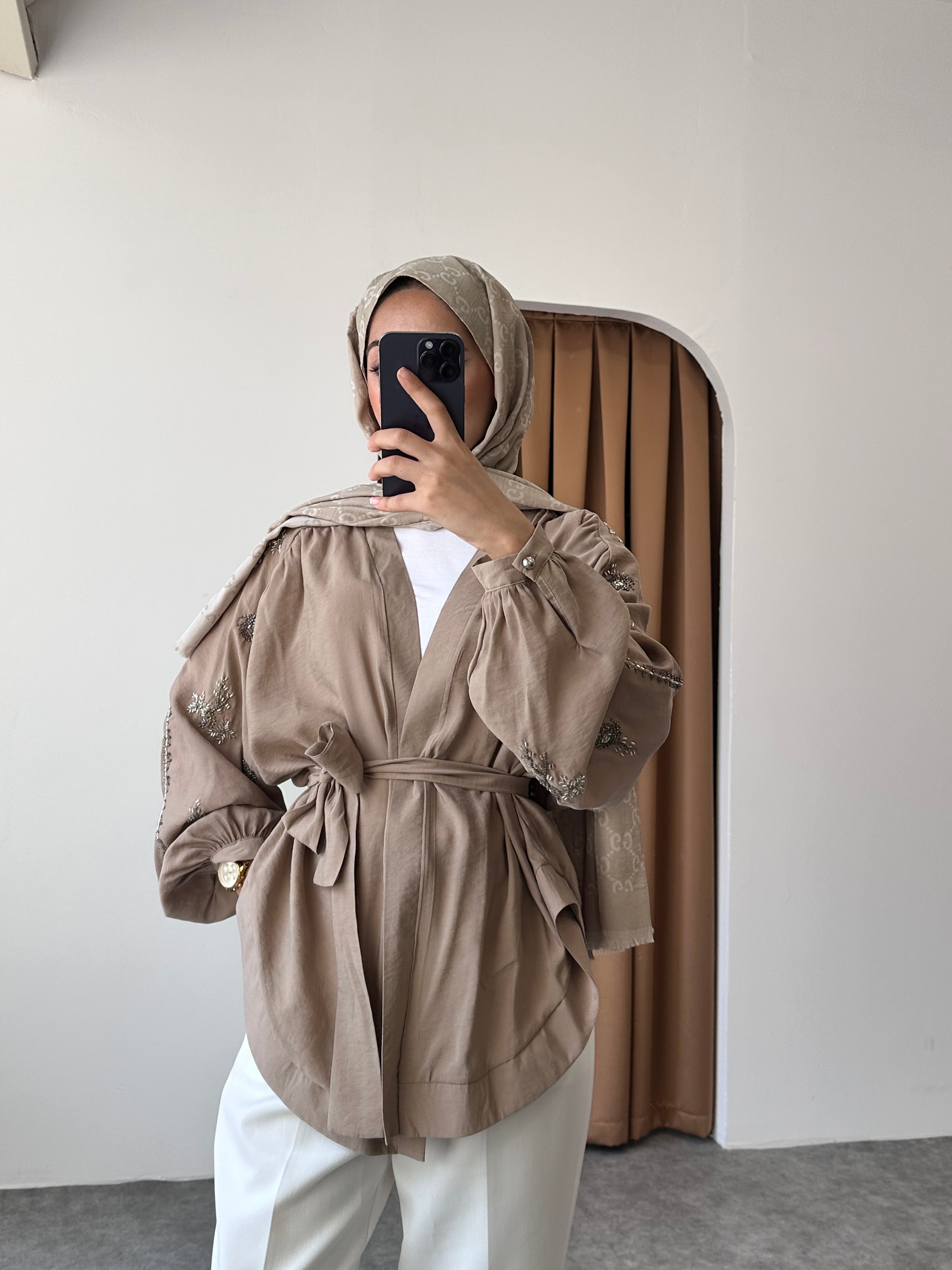 Taş detaylı kimono - Vizon
