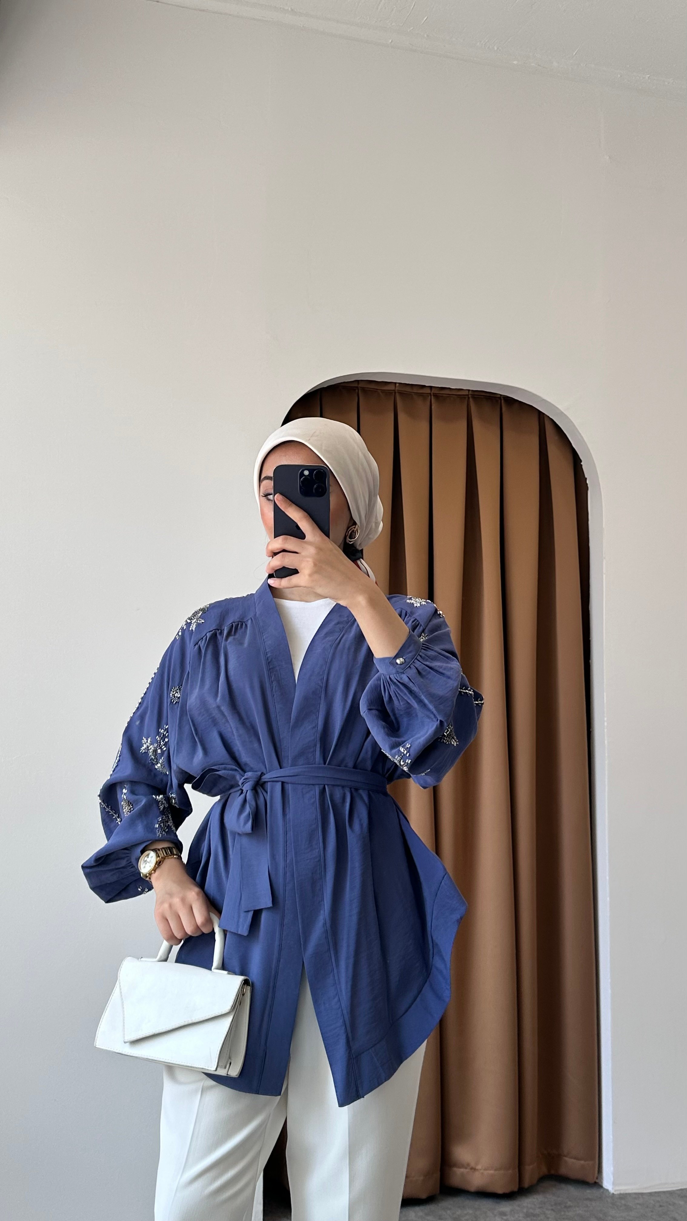 Taş detaylı kimono - Lacivert