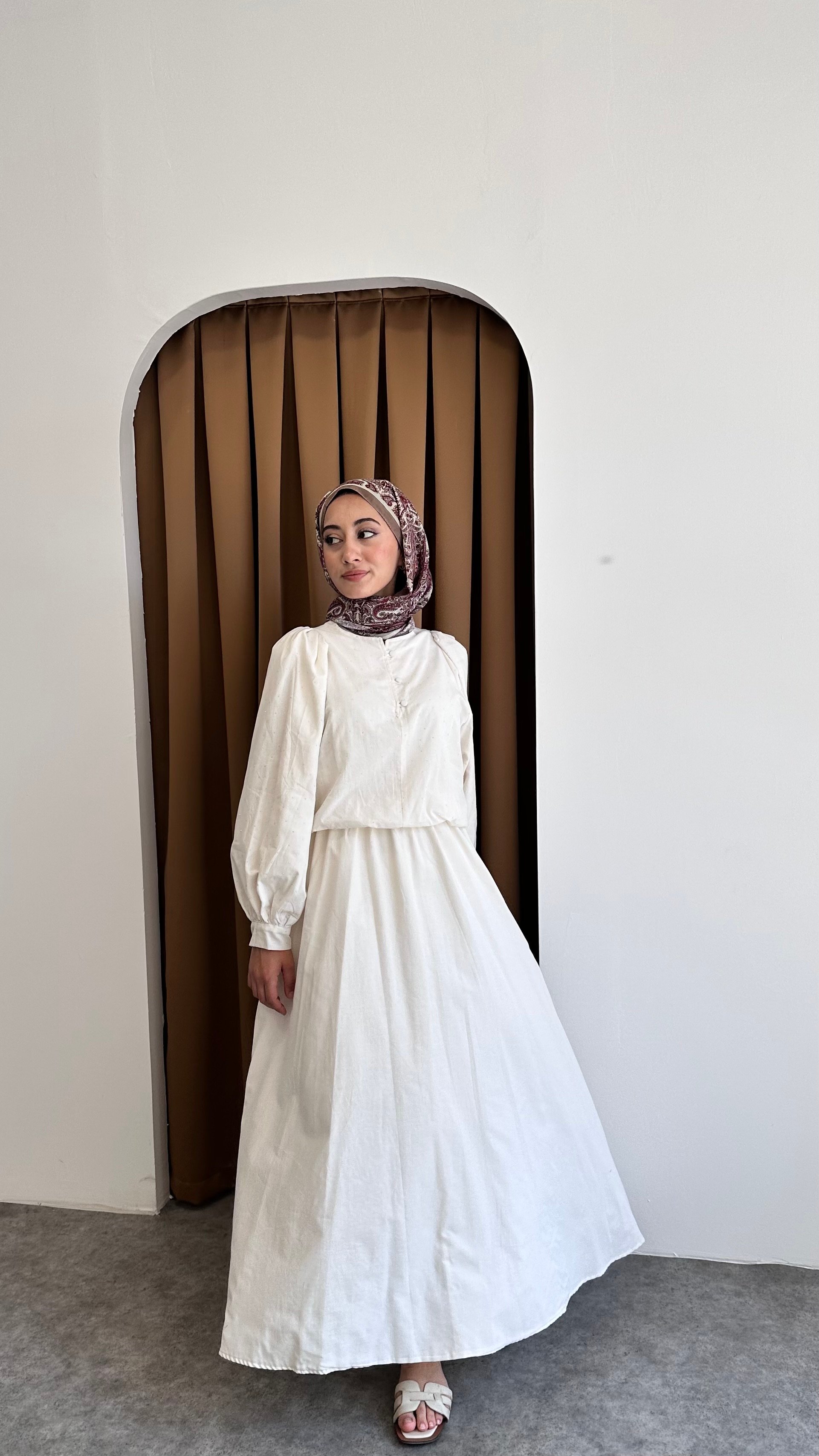 Taşlı keten elbise - Beyaz