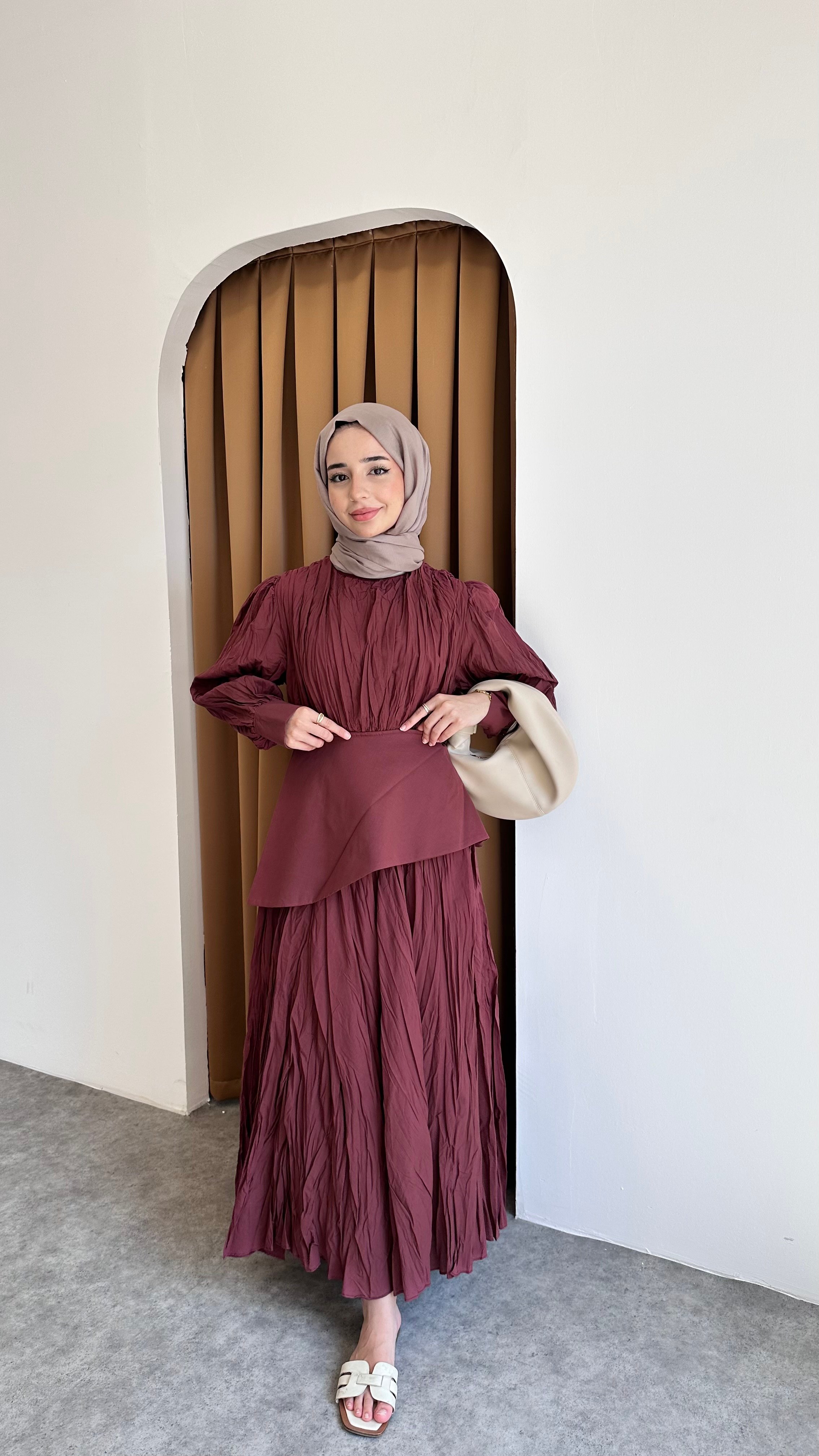 İnci Pile Elbise - Bordo