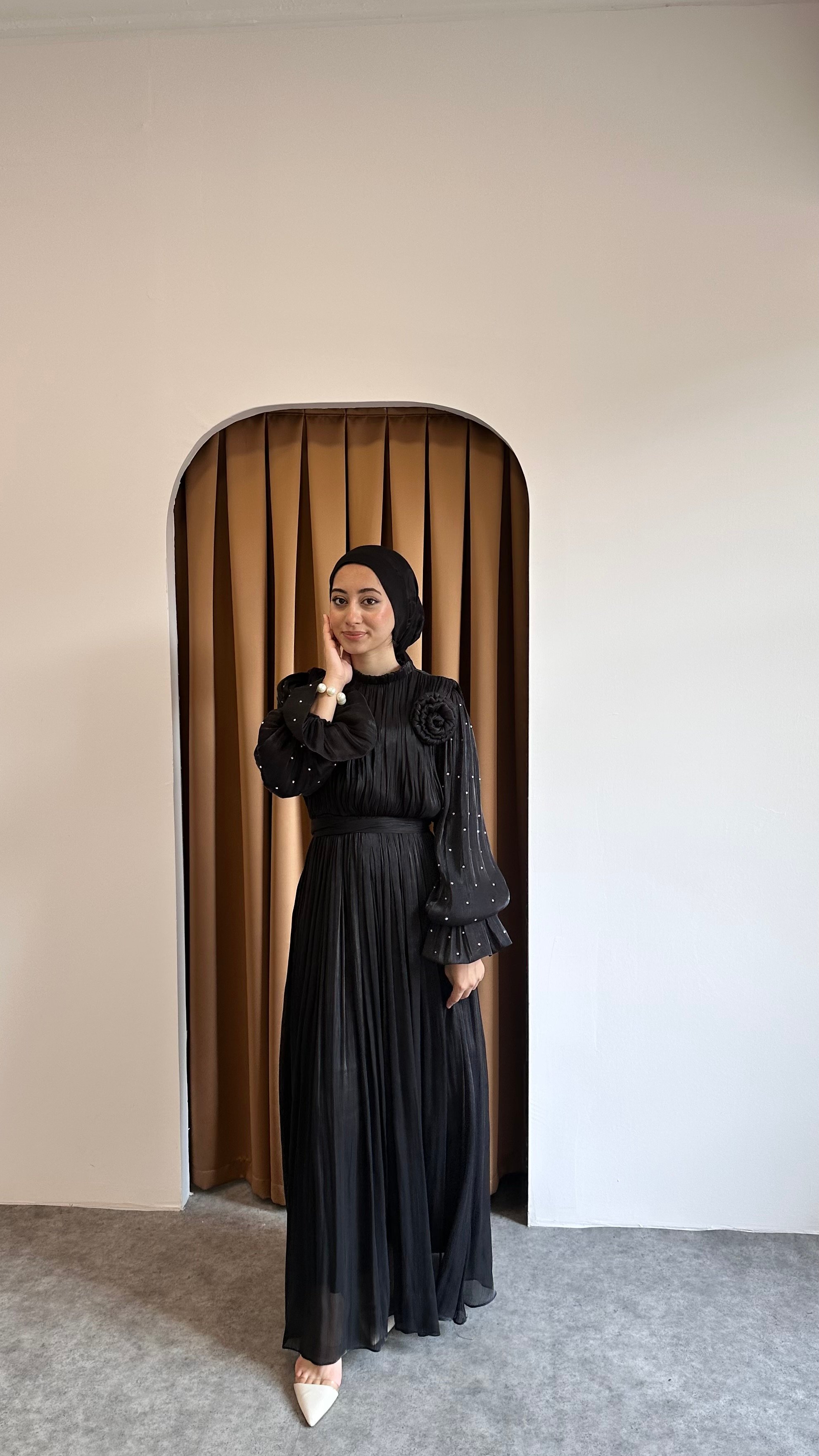 taşlı gül detaylı abiye - Siyah