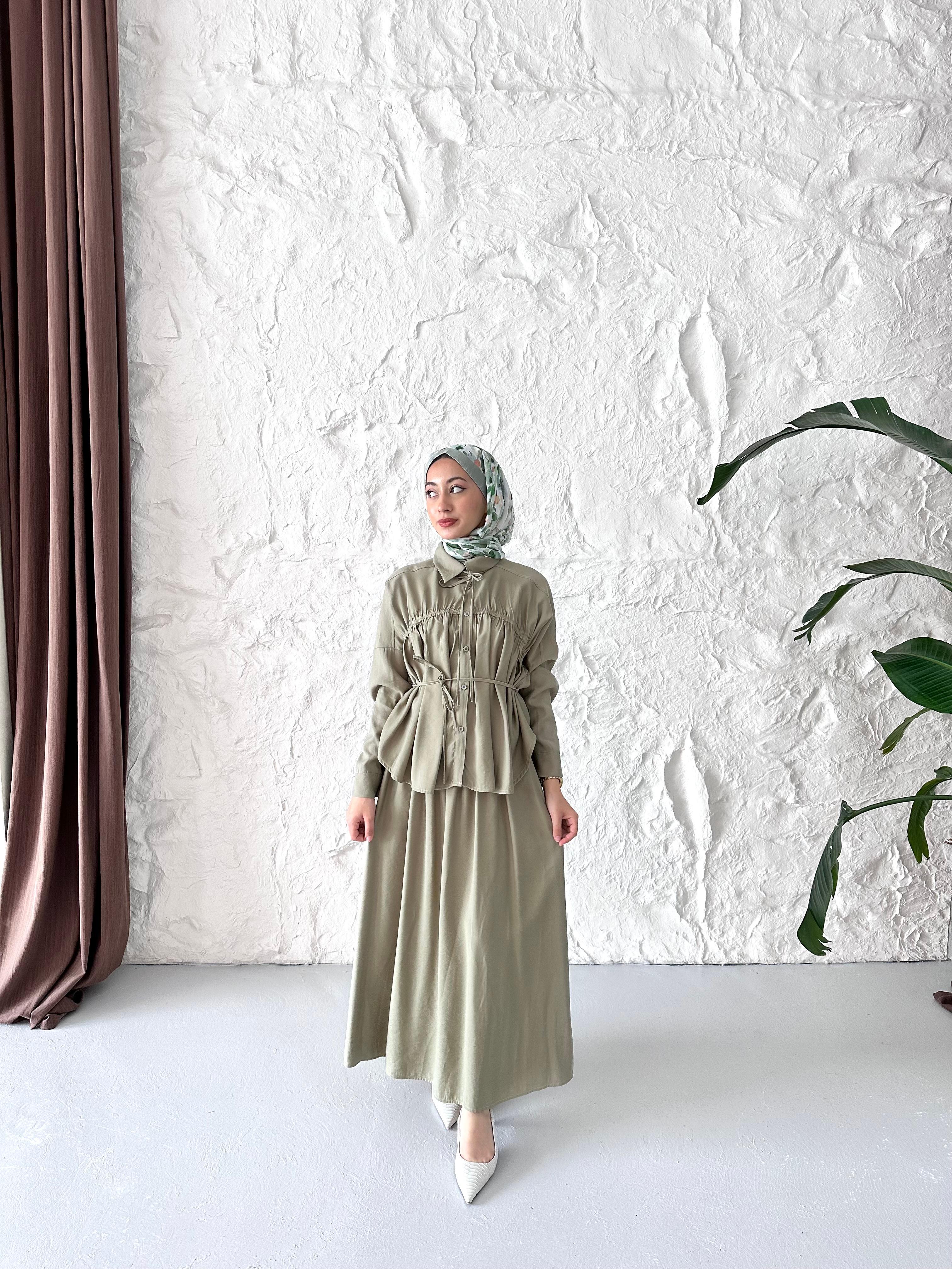 Lina Dökümlü Etek Takım - Yeşil