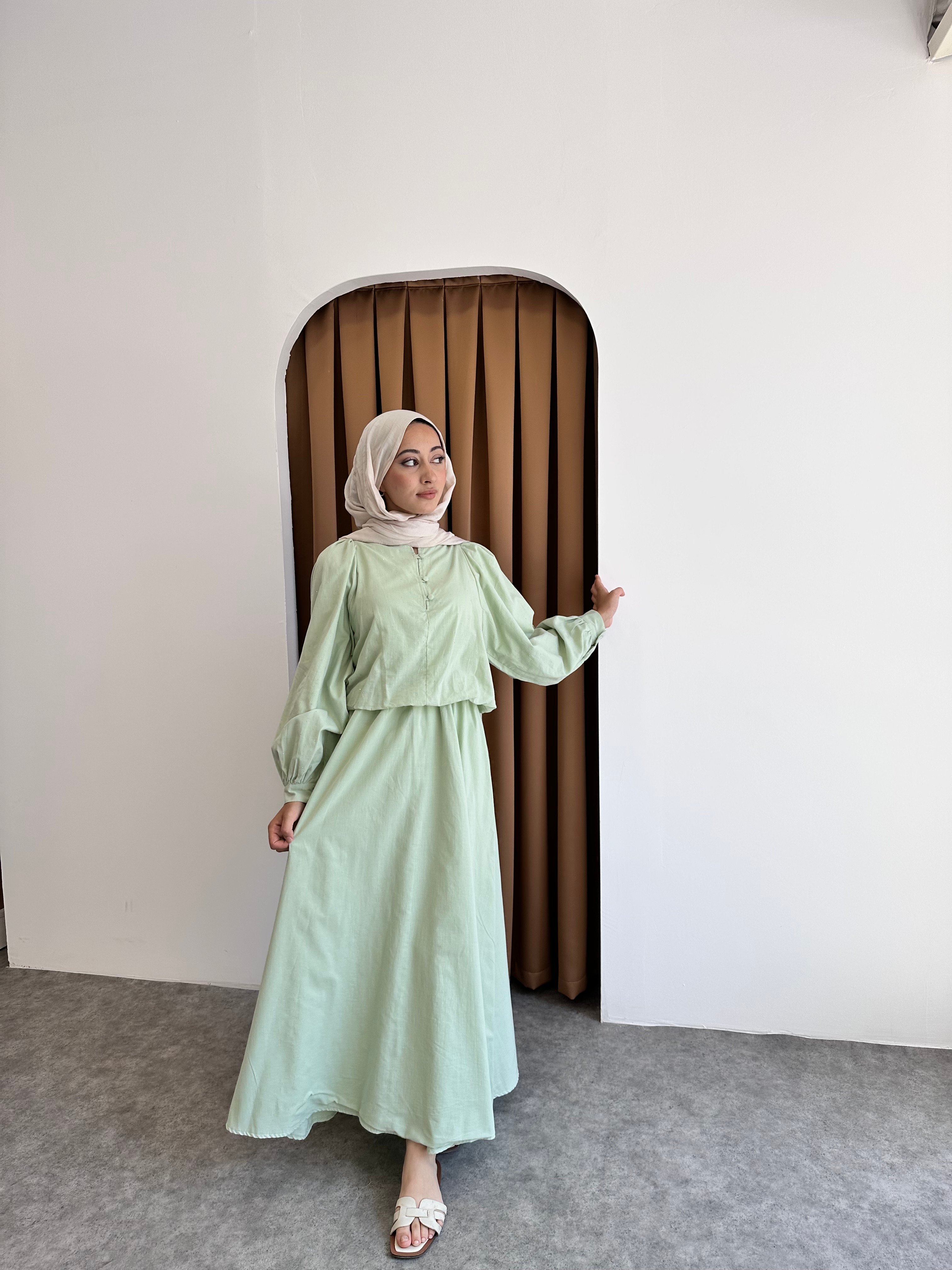 Taşlı keten elbise - Yeşil
