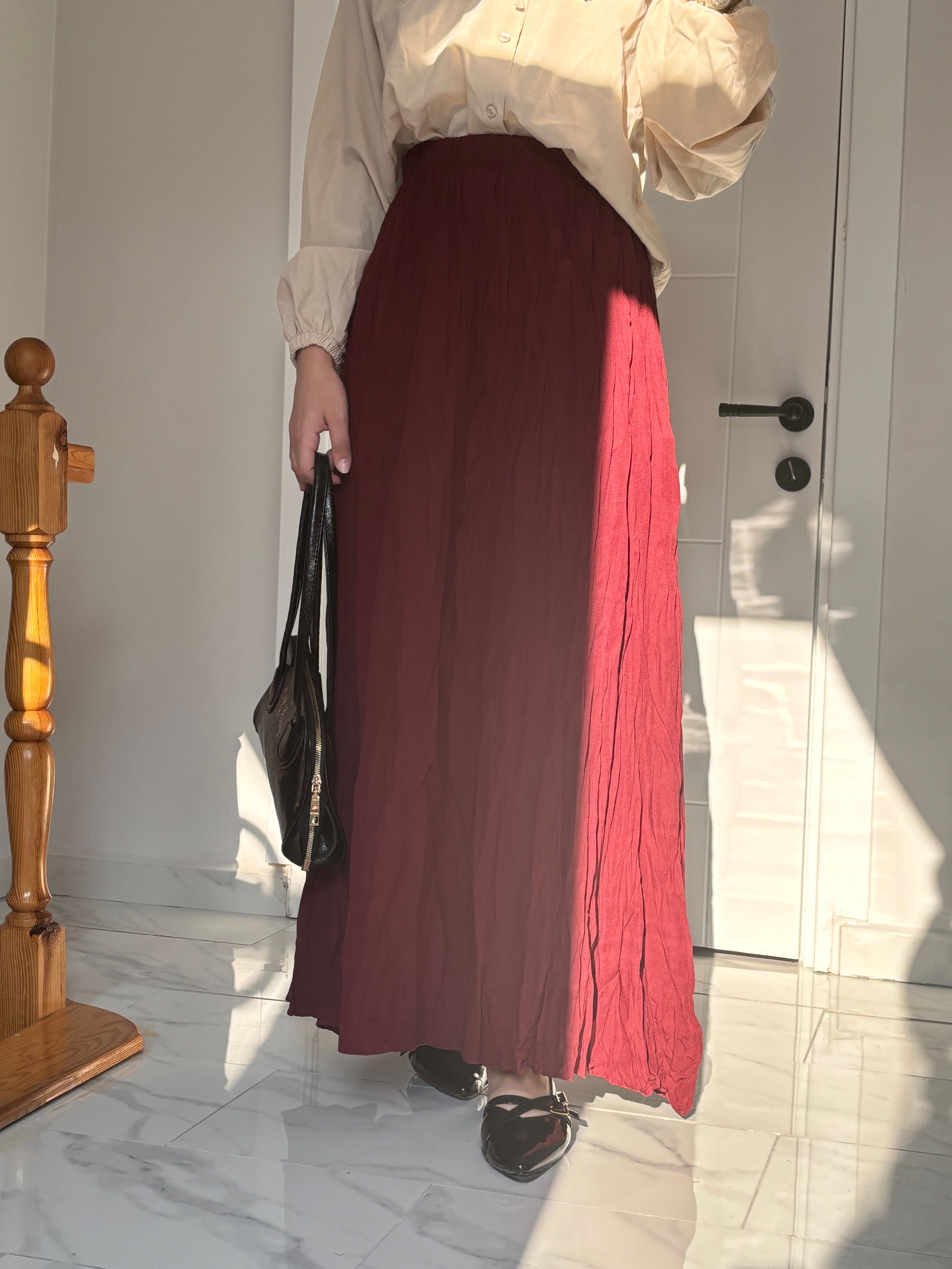 Kırışık Poplin etek - Bordo