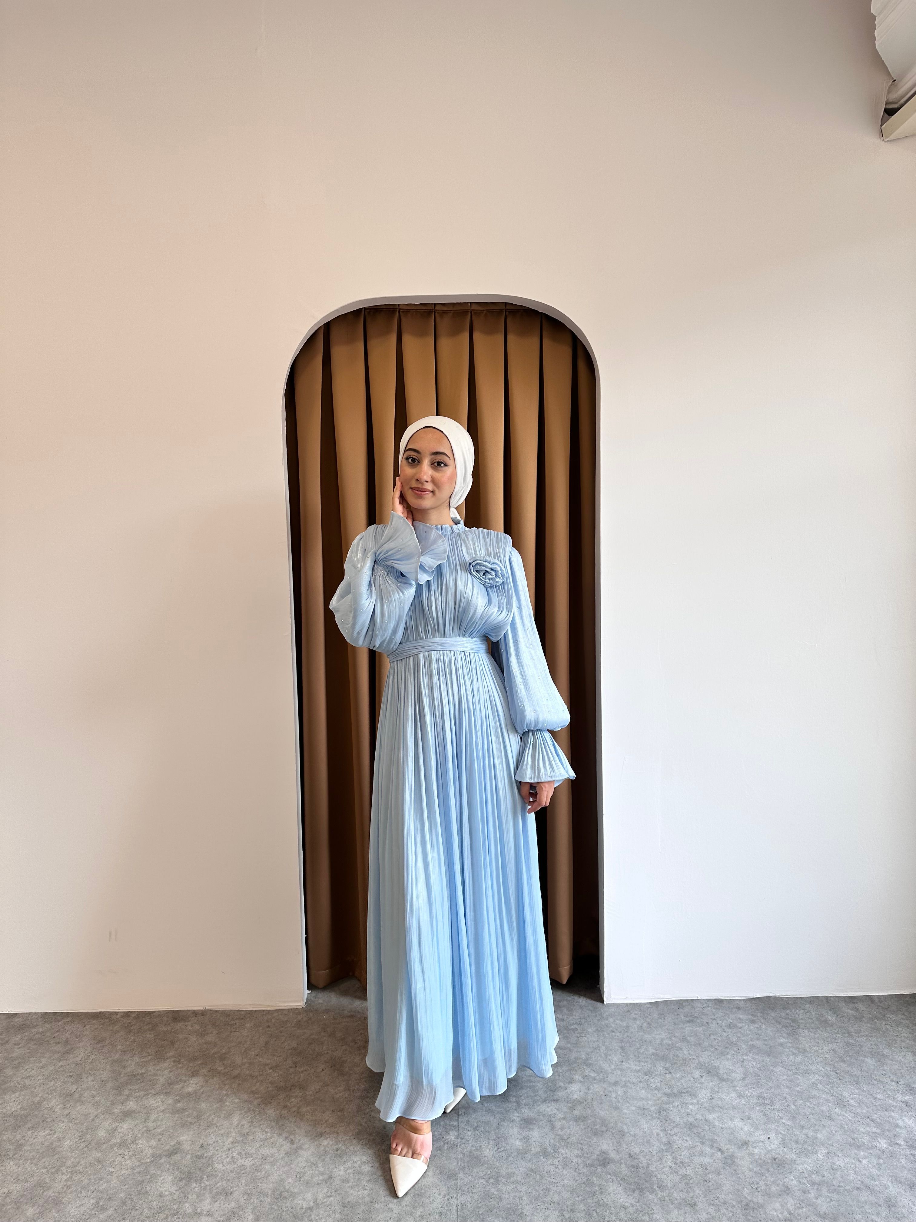 taşlı gül detaylı abiye - Mavi
