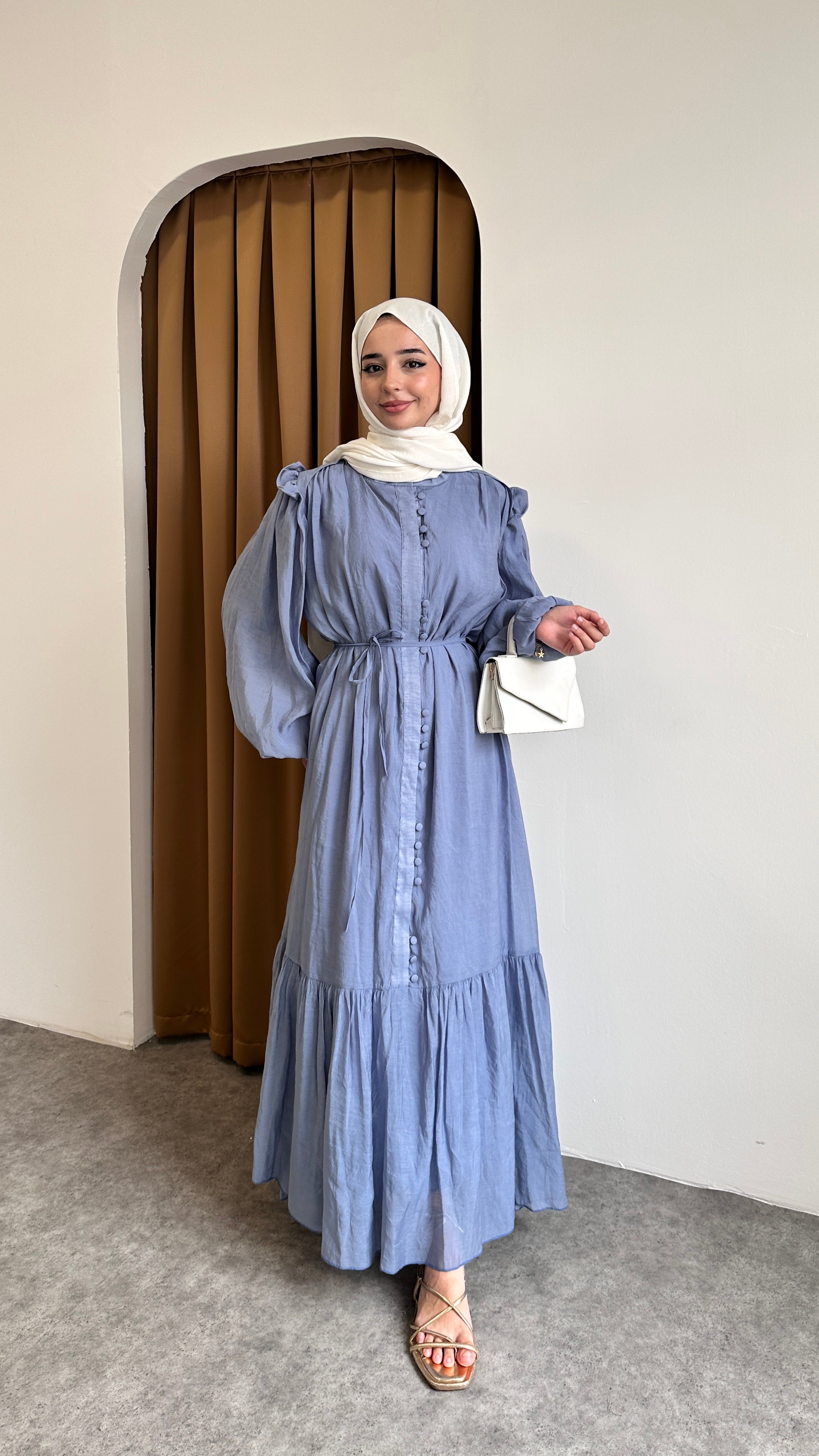 Volanlı Düğme Elbise - Indigo