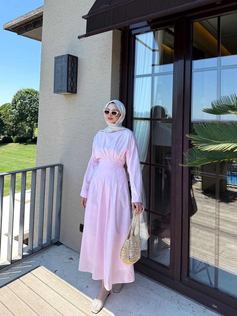 KETEN PİLİSE DETAYLI ELBİSE - Pembe