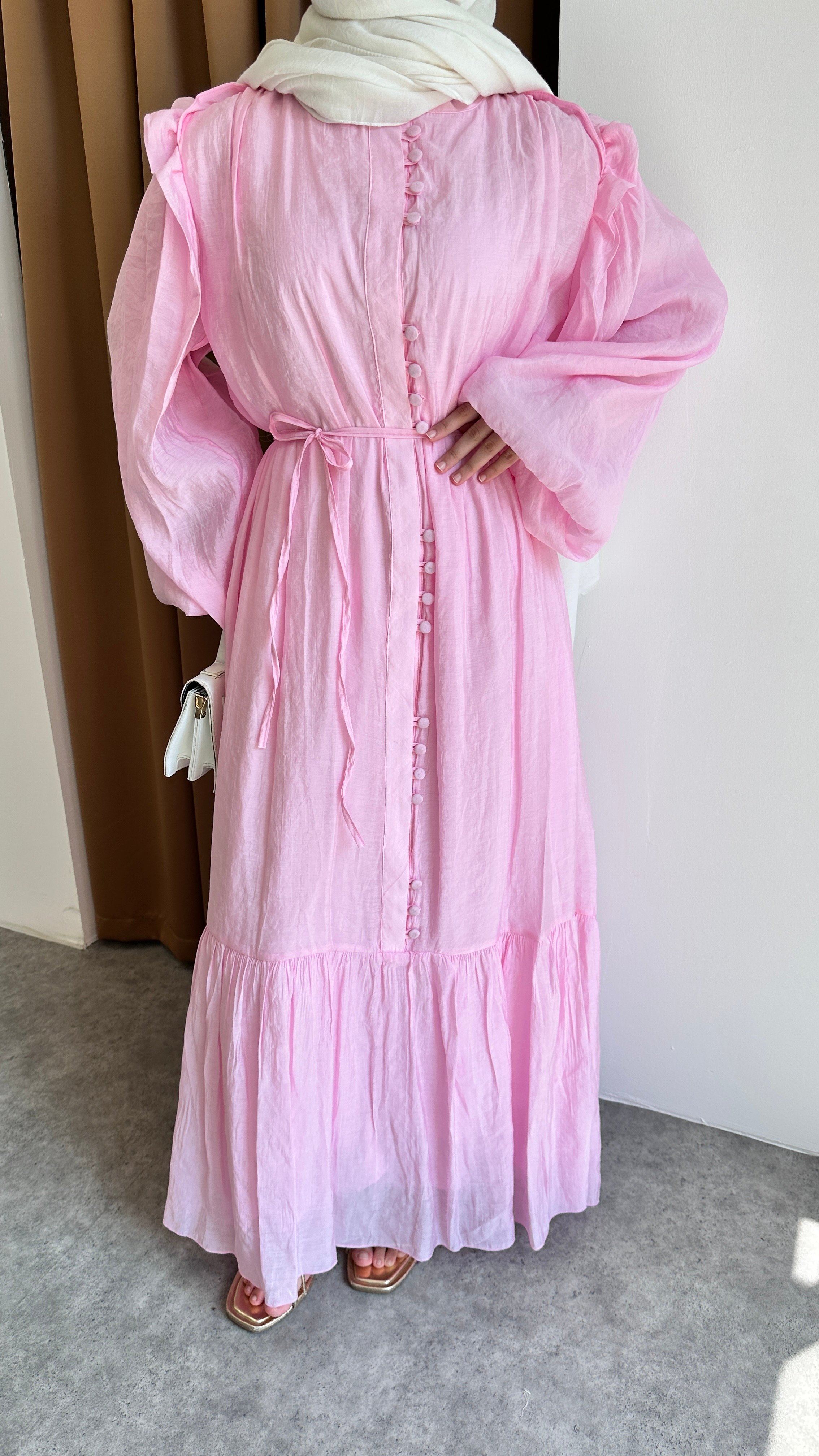 Volanlı Düğme Elbise - Pembe