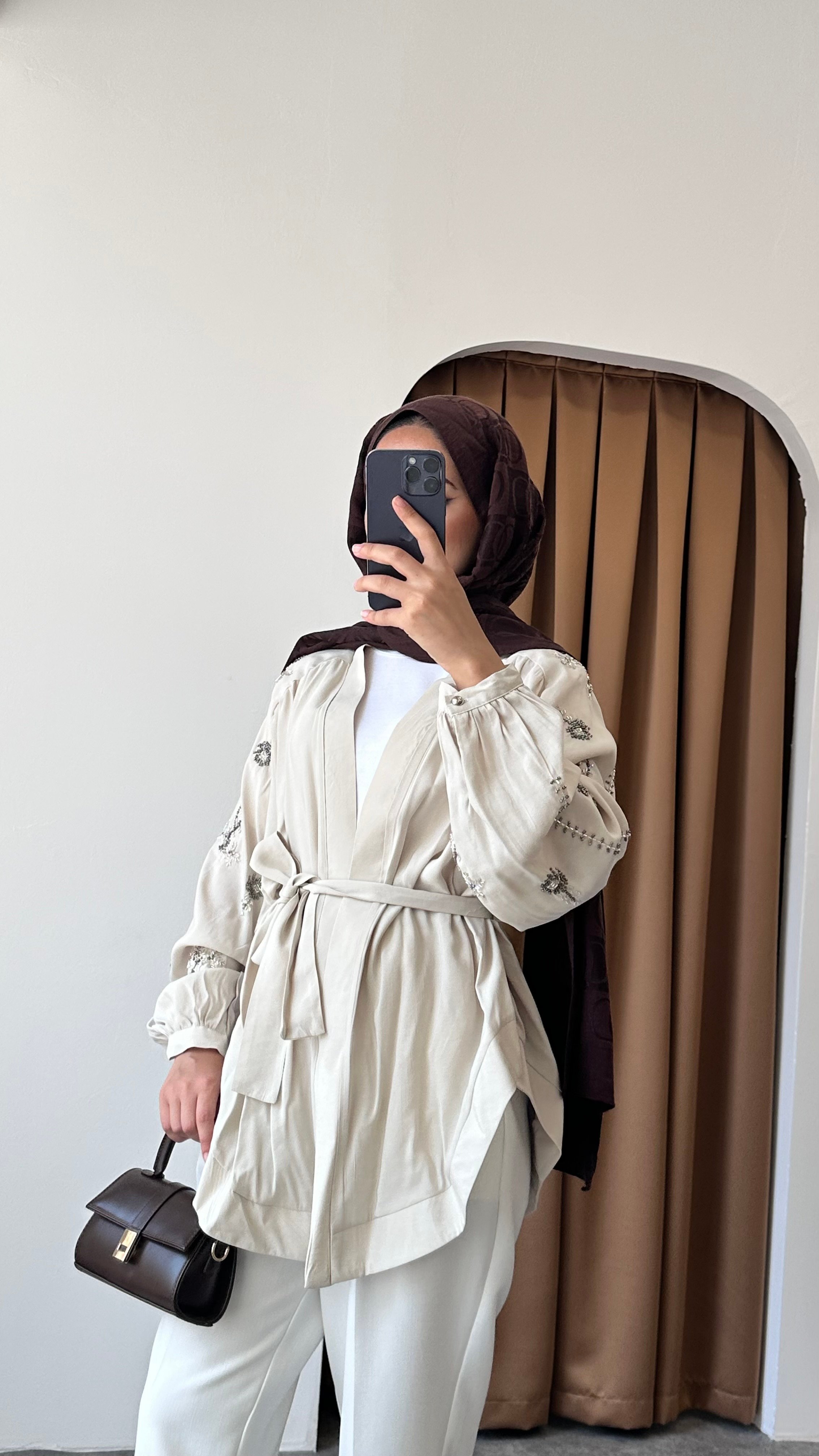 Taş detaylı kimono - Bej