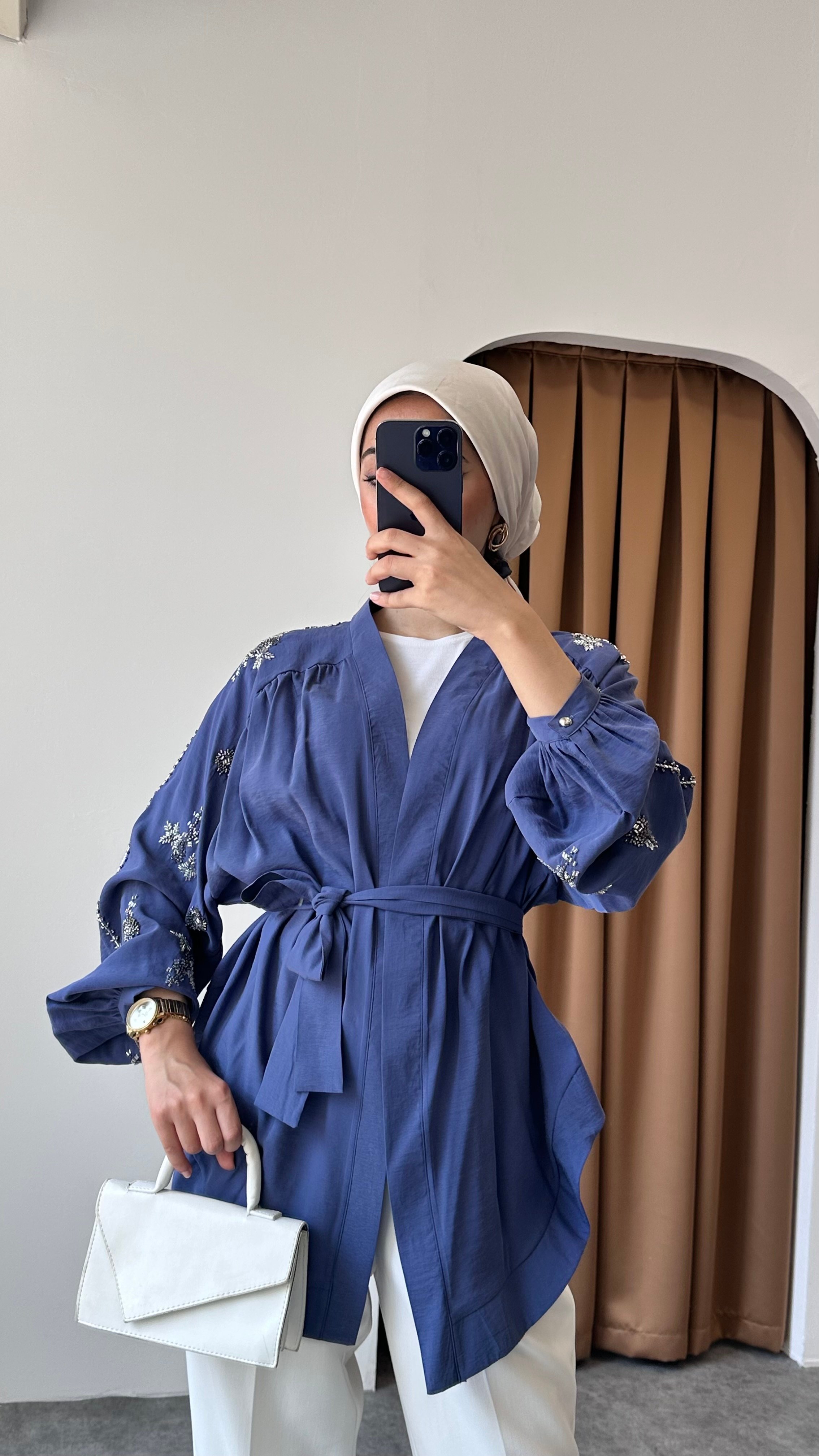 Taş detaylı kimono - Lacivert