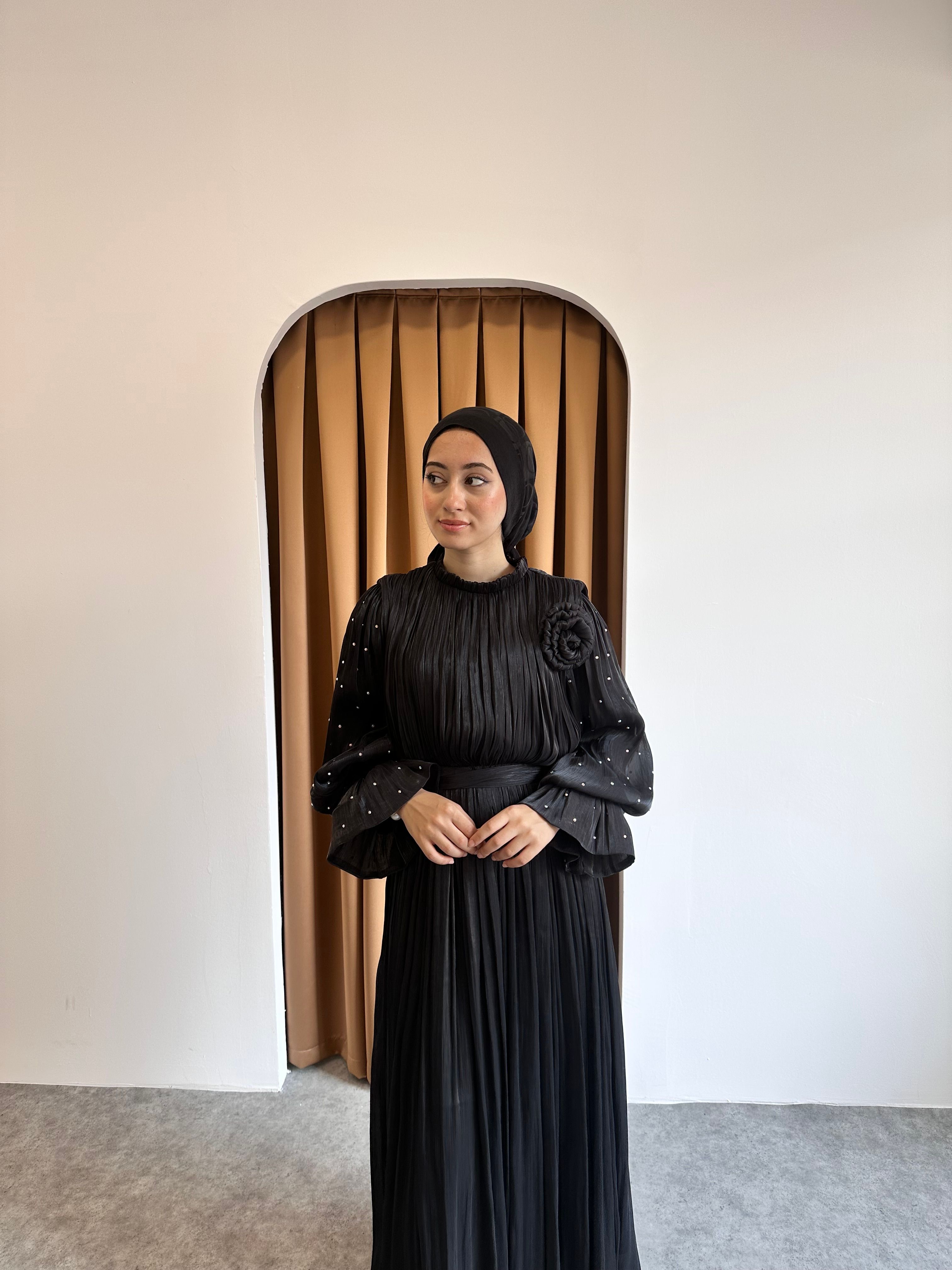 taşlı gül detaylı abiye - Siyah