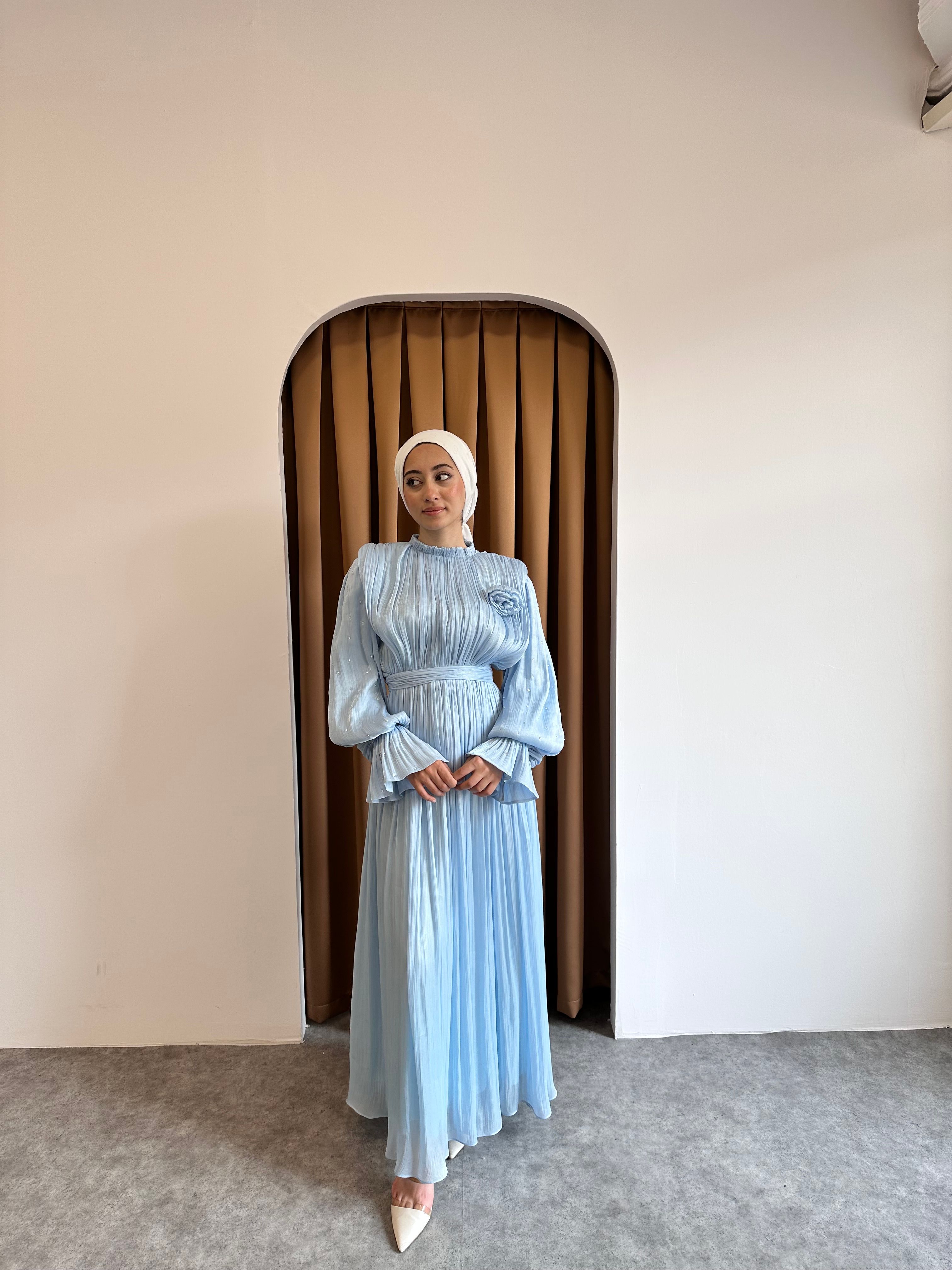 taşlı gül detaylı abiye - Mavi