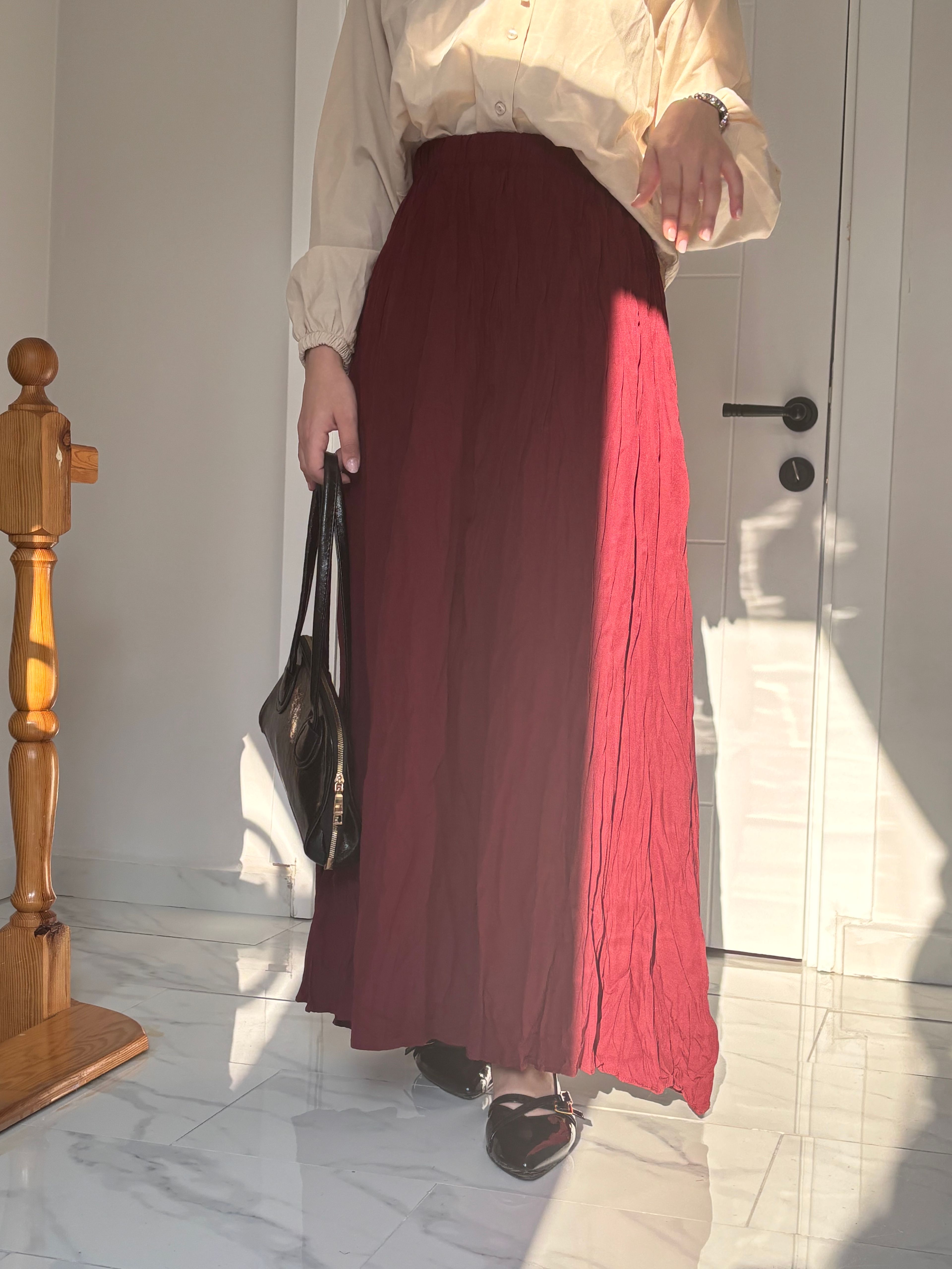 Kırışık Poplin etek - Bordo