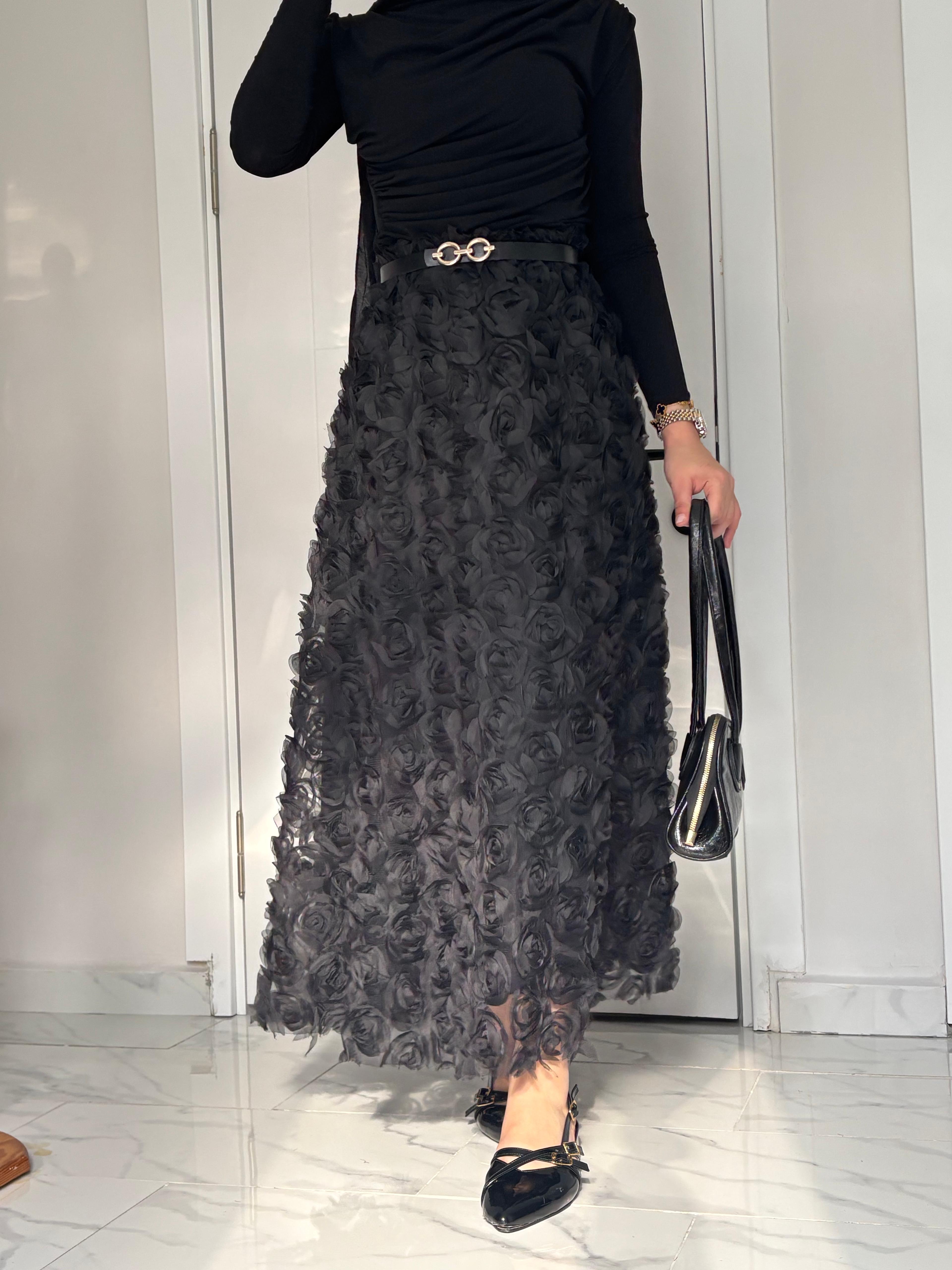 Gül Dantel Etek - Siyah