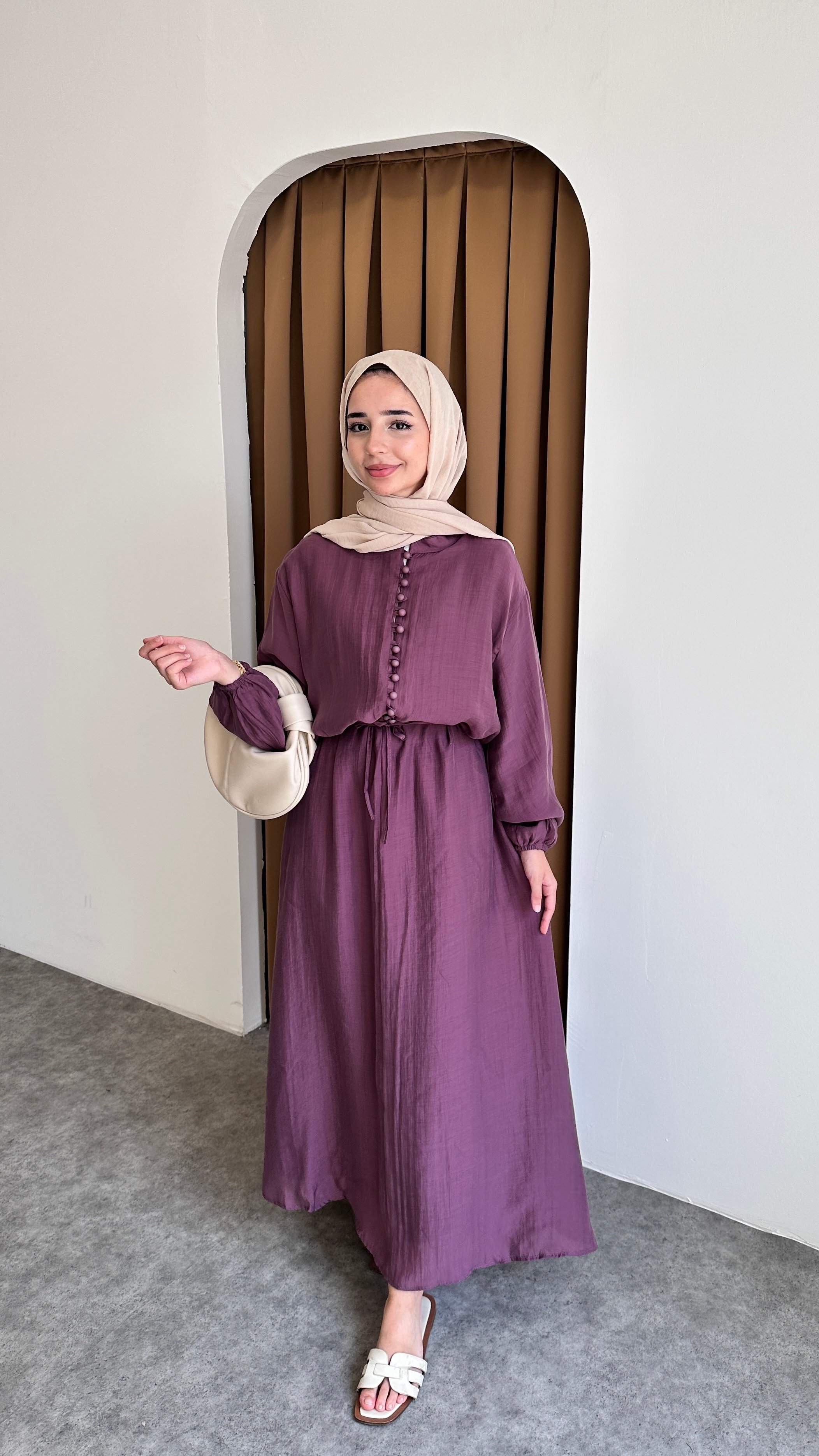Lina Düğmeli Elbise - Bordo