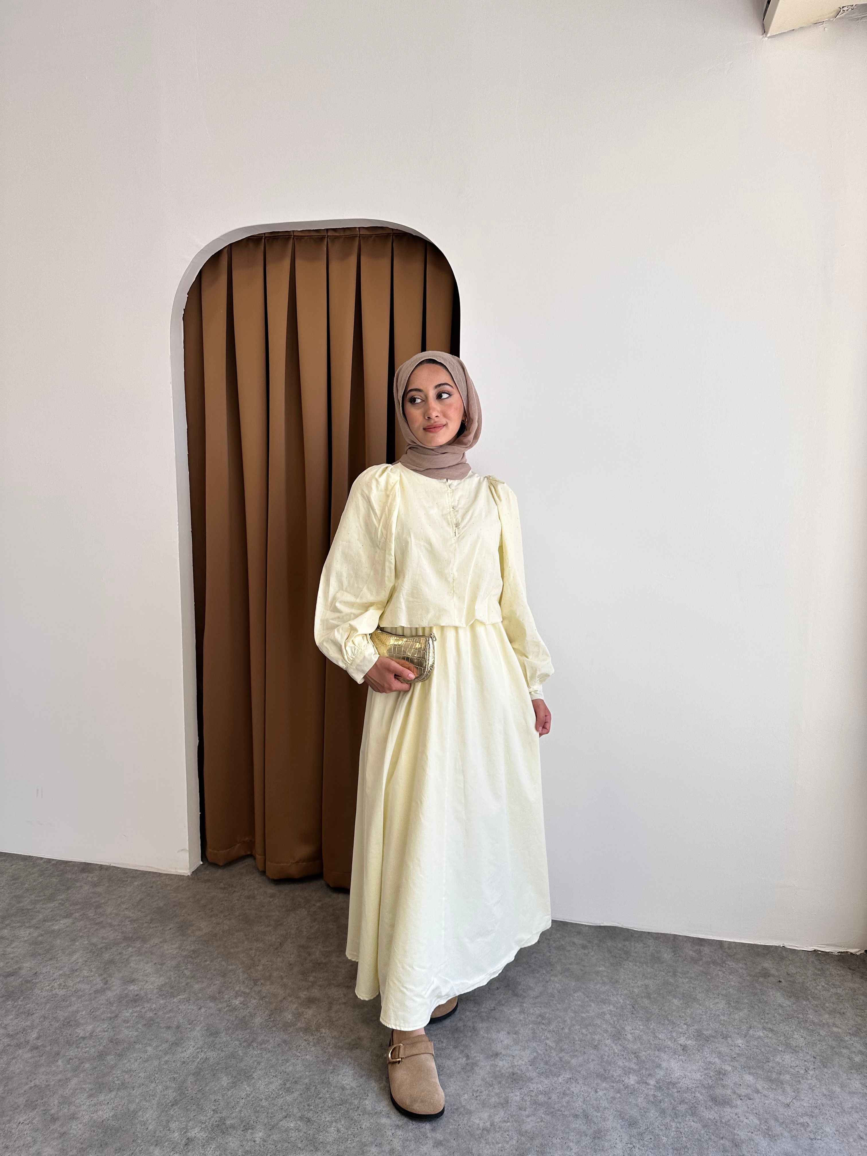 Taşlı keten elbise - Sarı
