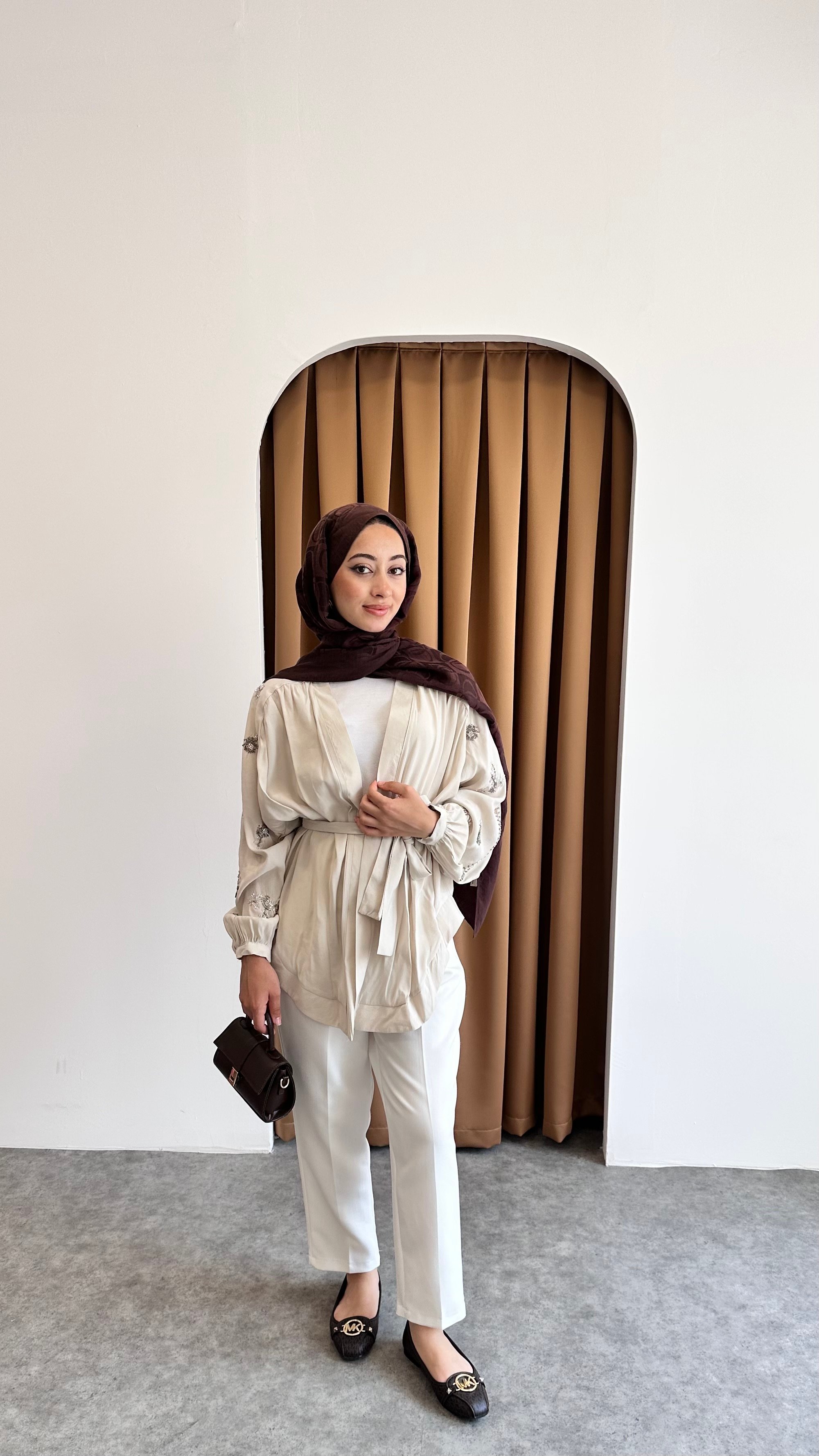 Taş detaylı kimono - Bej