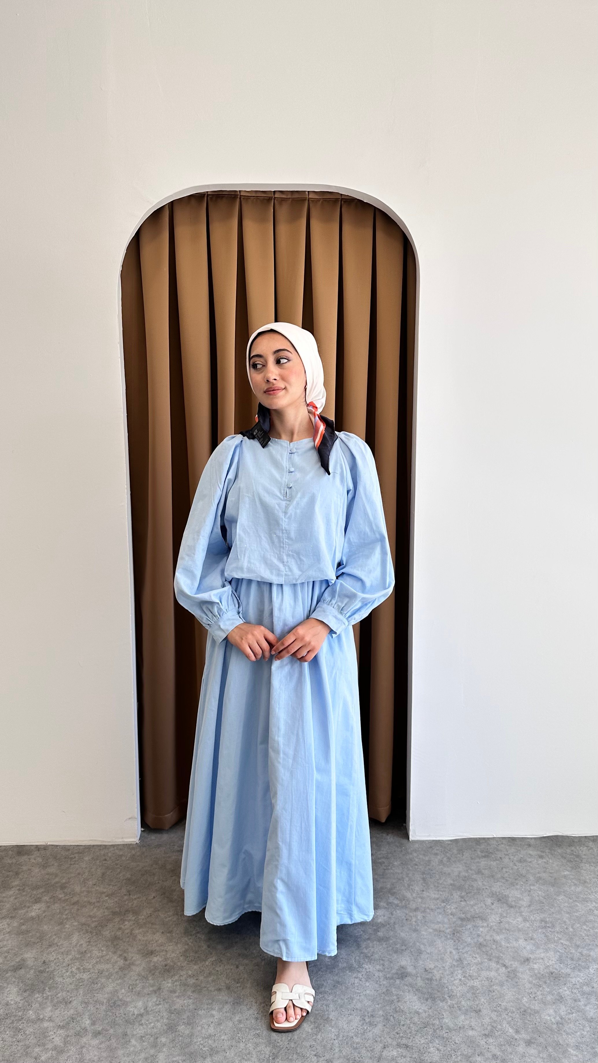 Taşlı keten elbise - Mavi