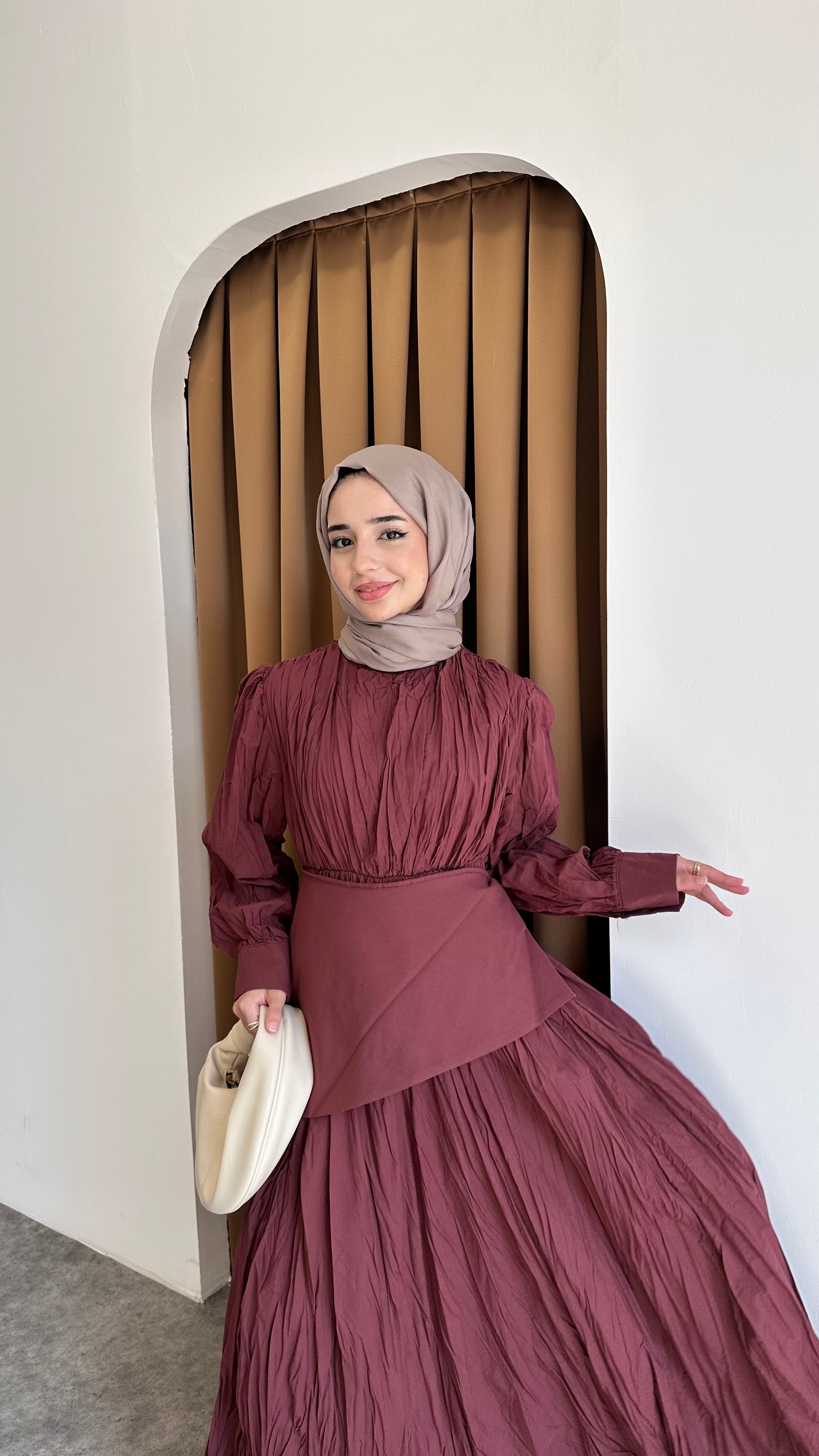 İnci Pile Elbise - Bordo