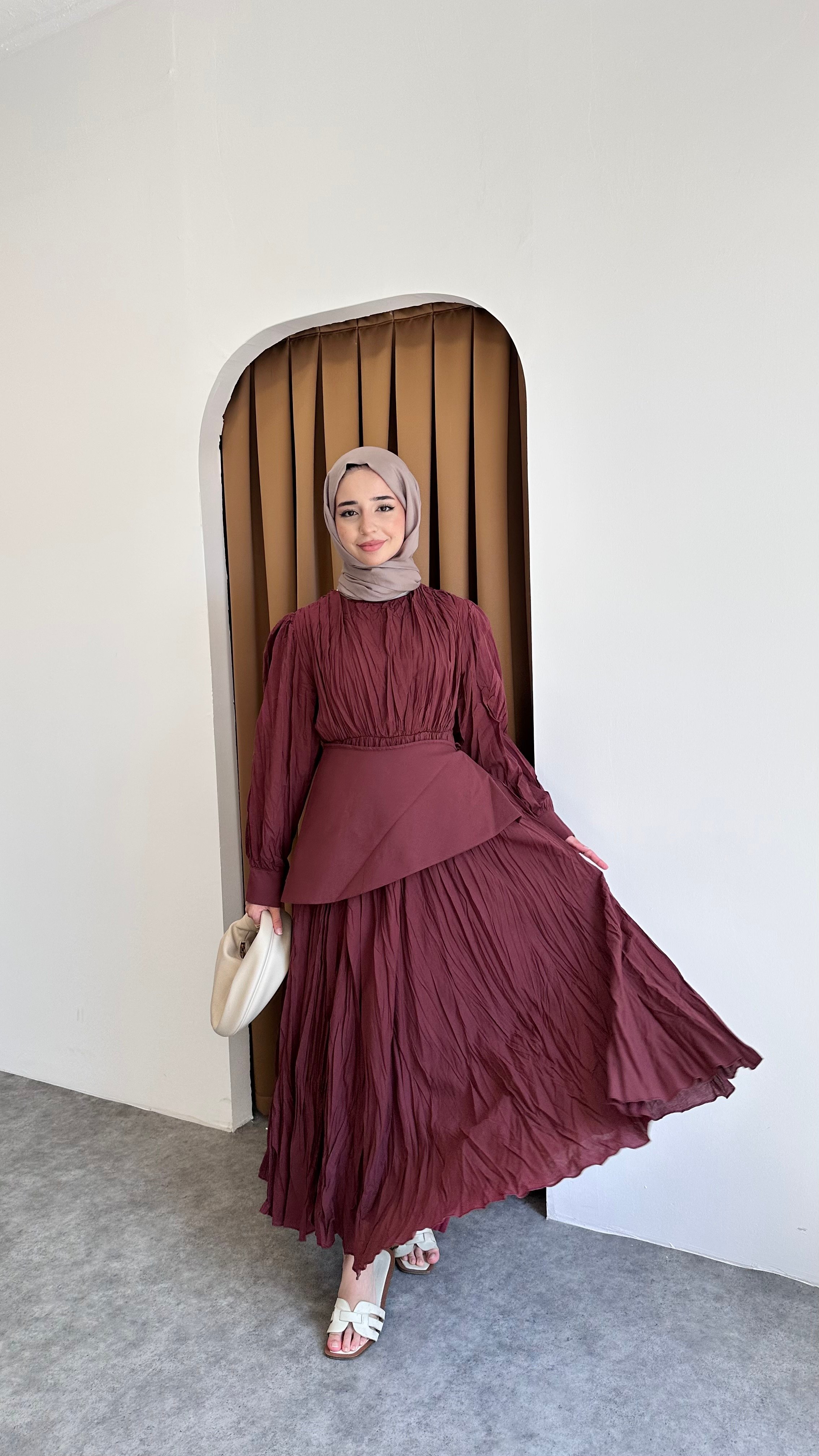 İnci Pile Elbise - Bordo
