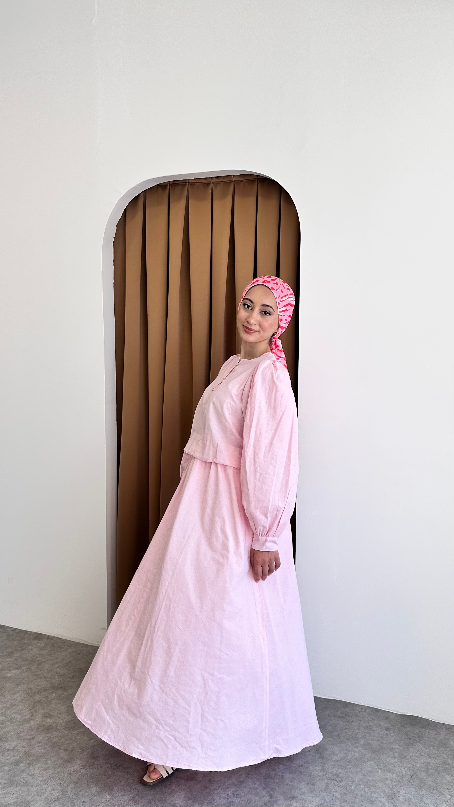 Taşlı keten elbise - Pembe