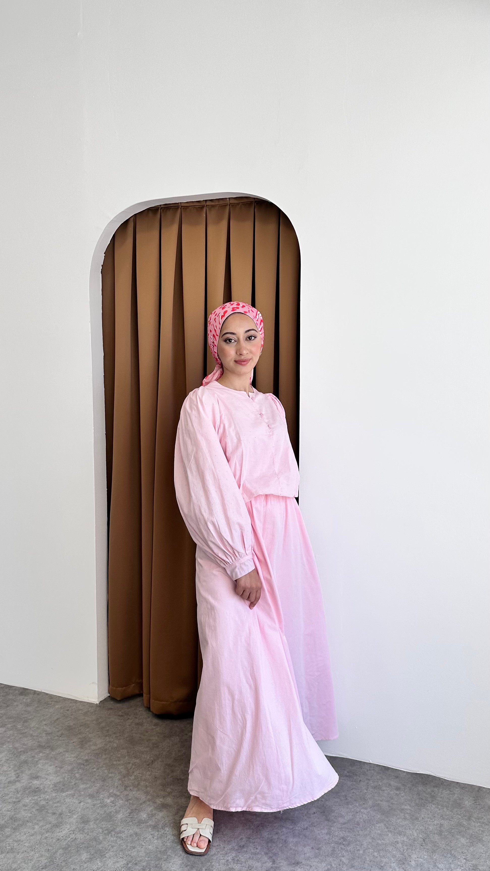 Taşlı keten elbise - Pembe
