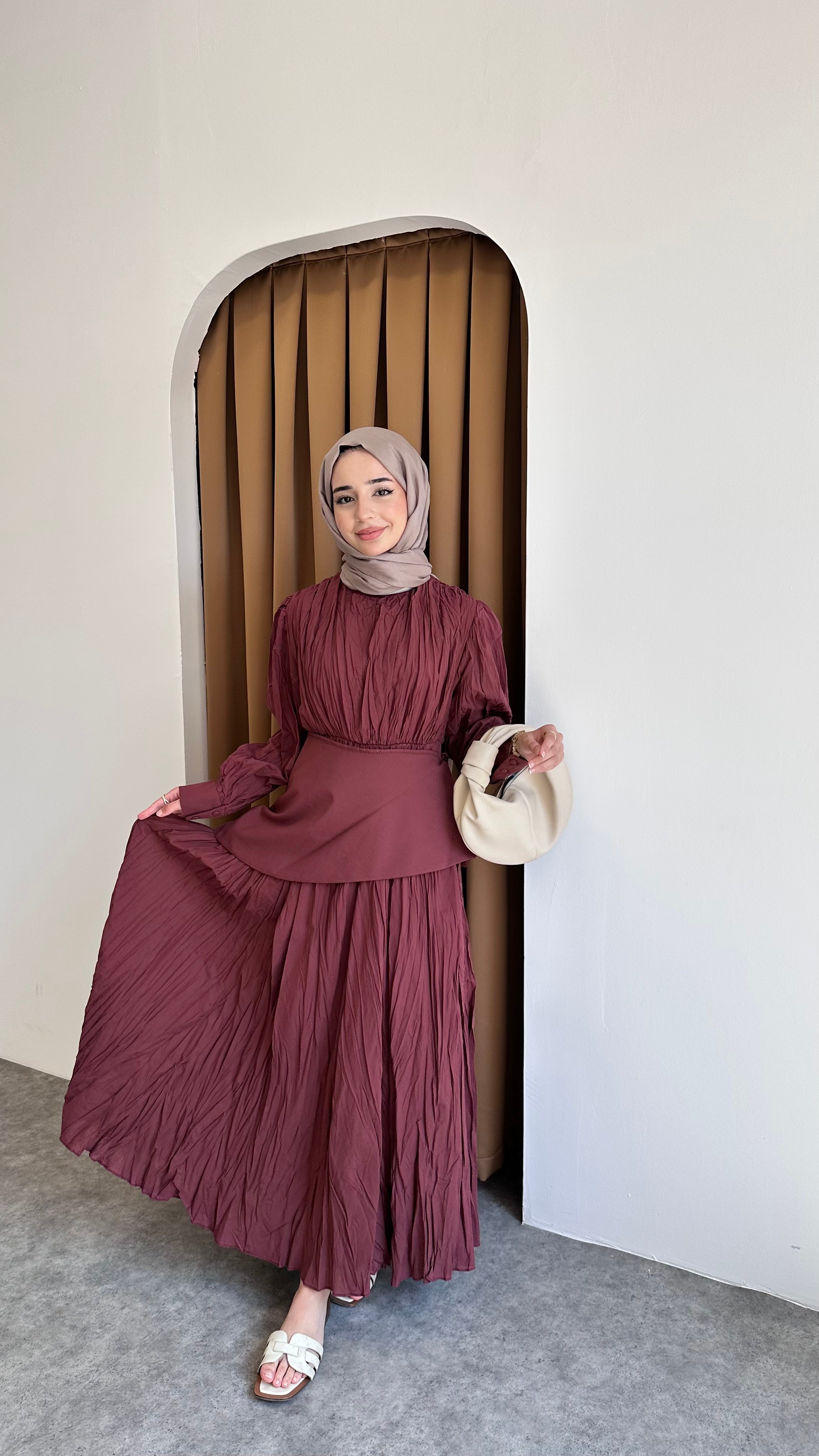 İnci Pile Elbise - Bordo