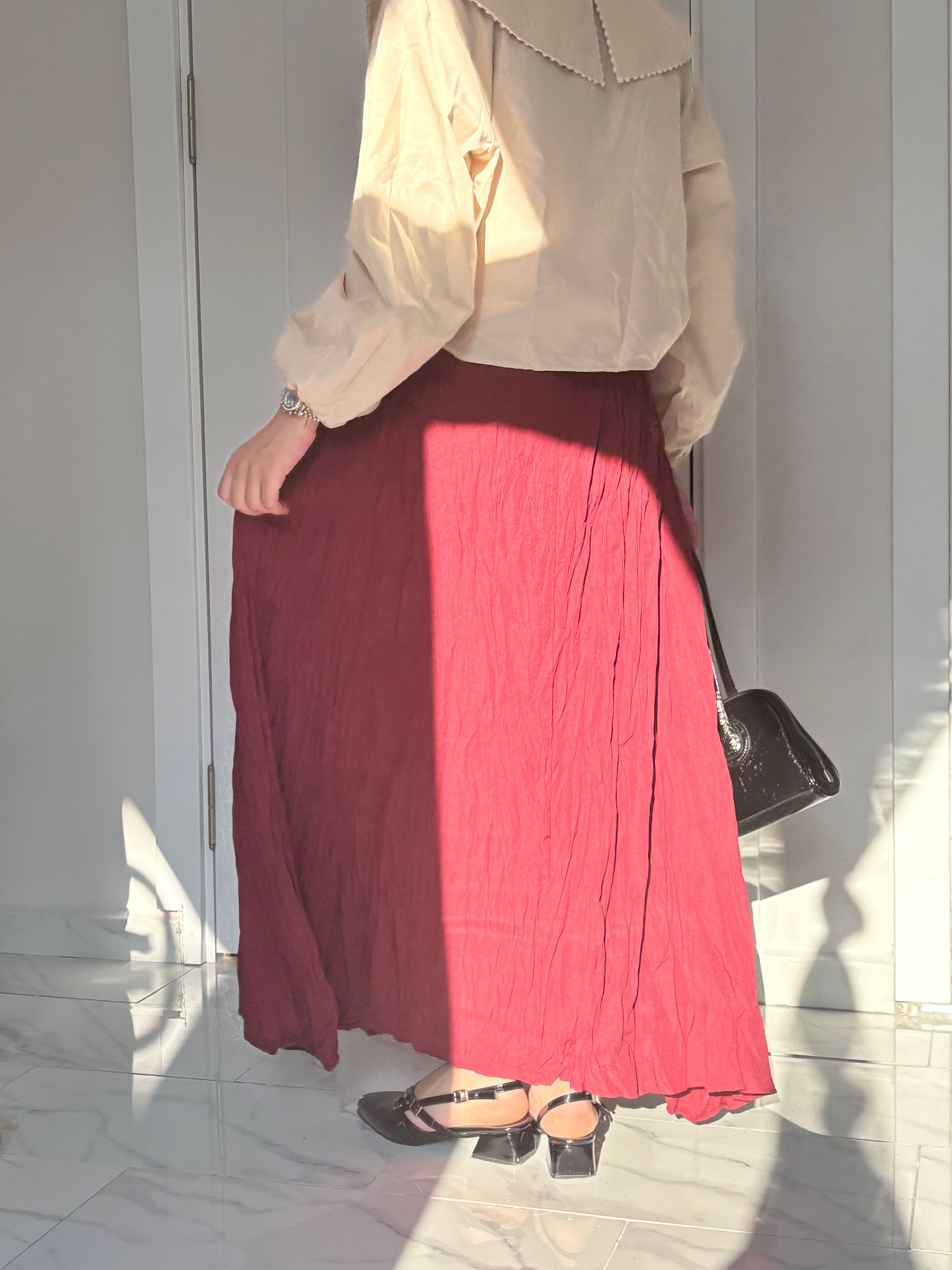 Kırışık Poplin etek - Bordo