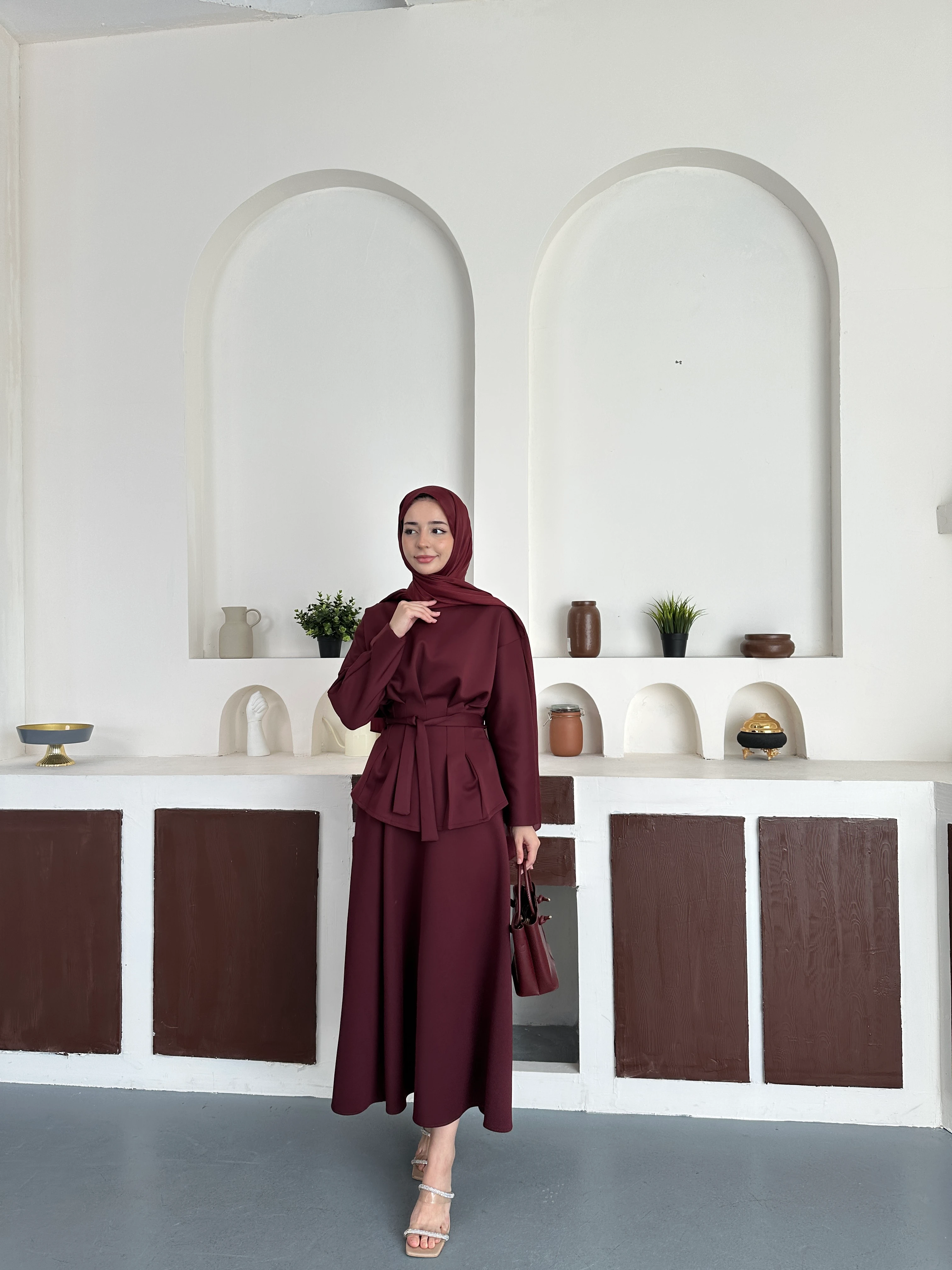 Pileli etekli takım - Bordoo