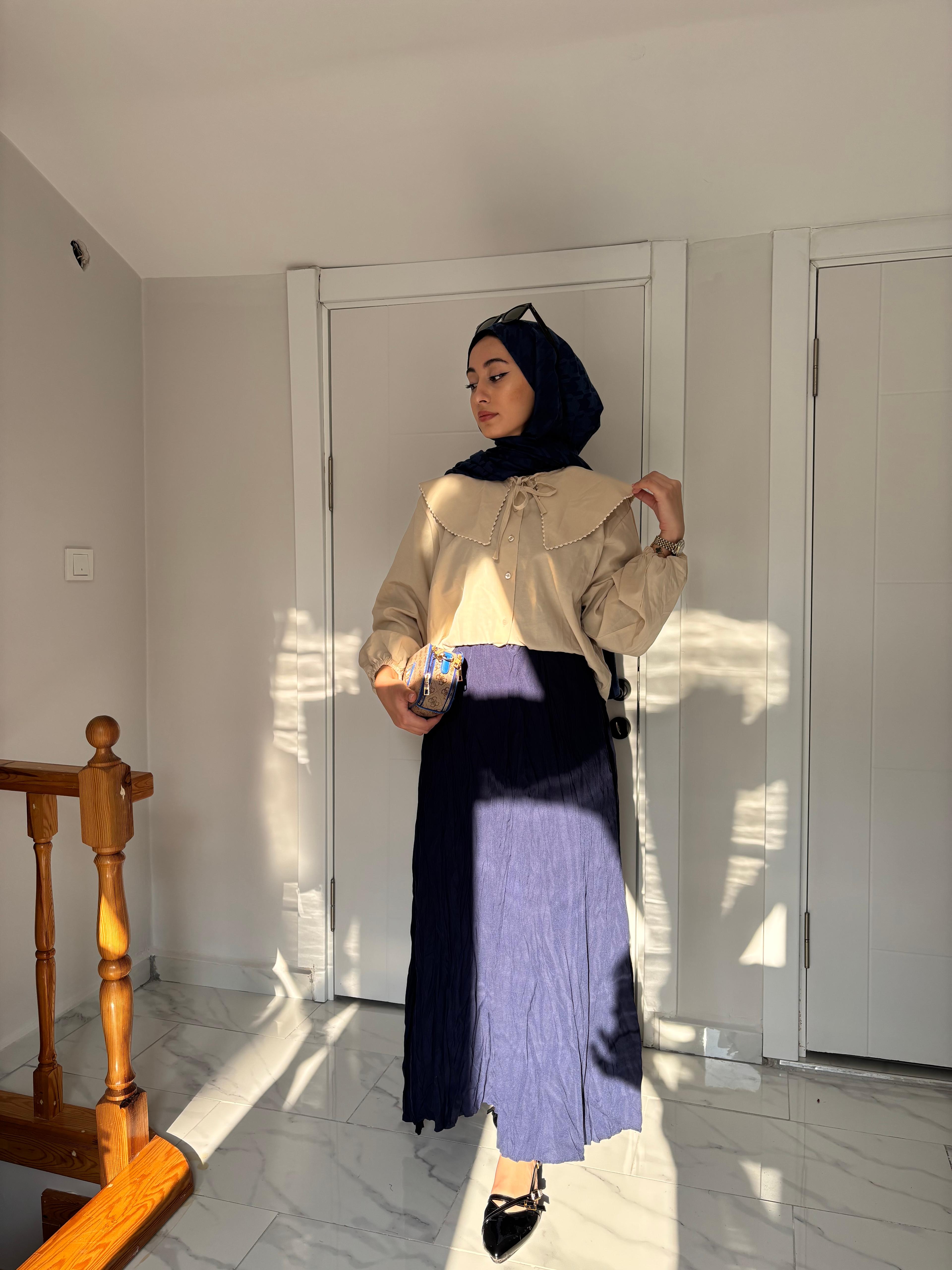 Kırışık Poplin etek - Lacivert