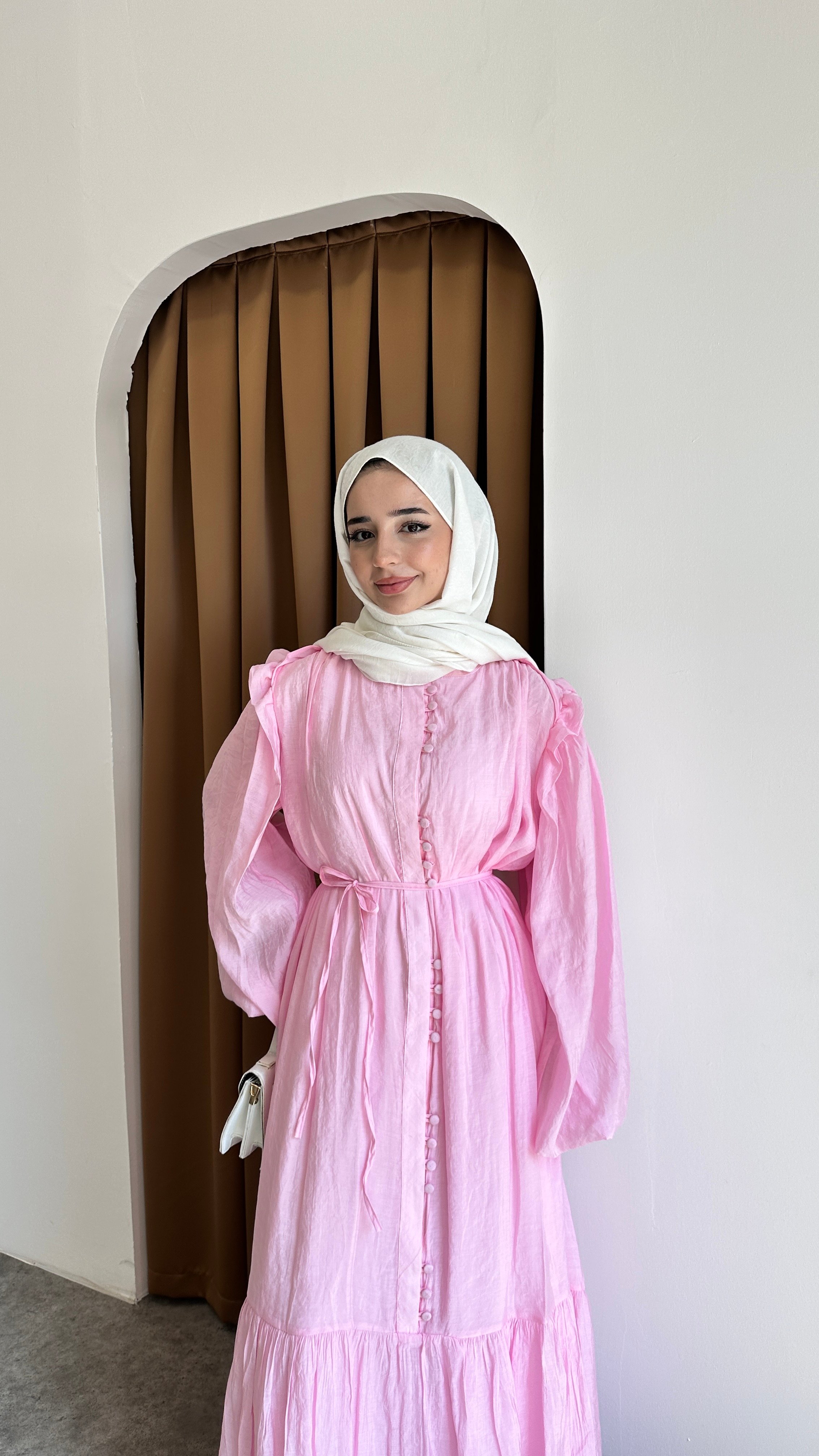 Volanlı Düğme Elbise - Pembe
