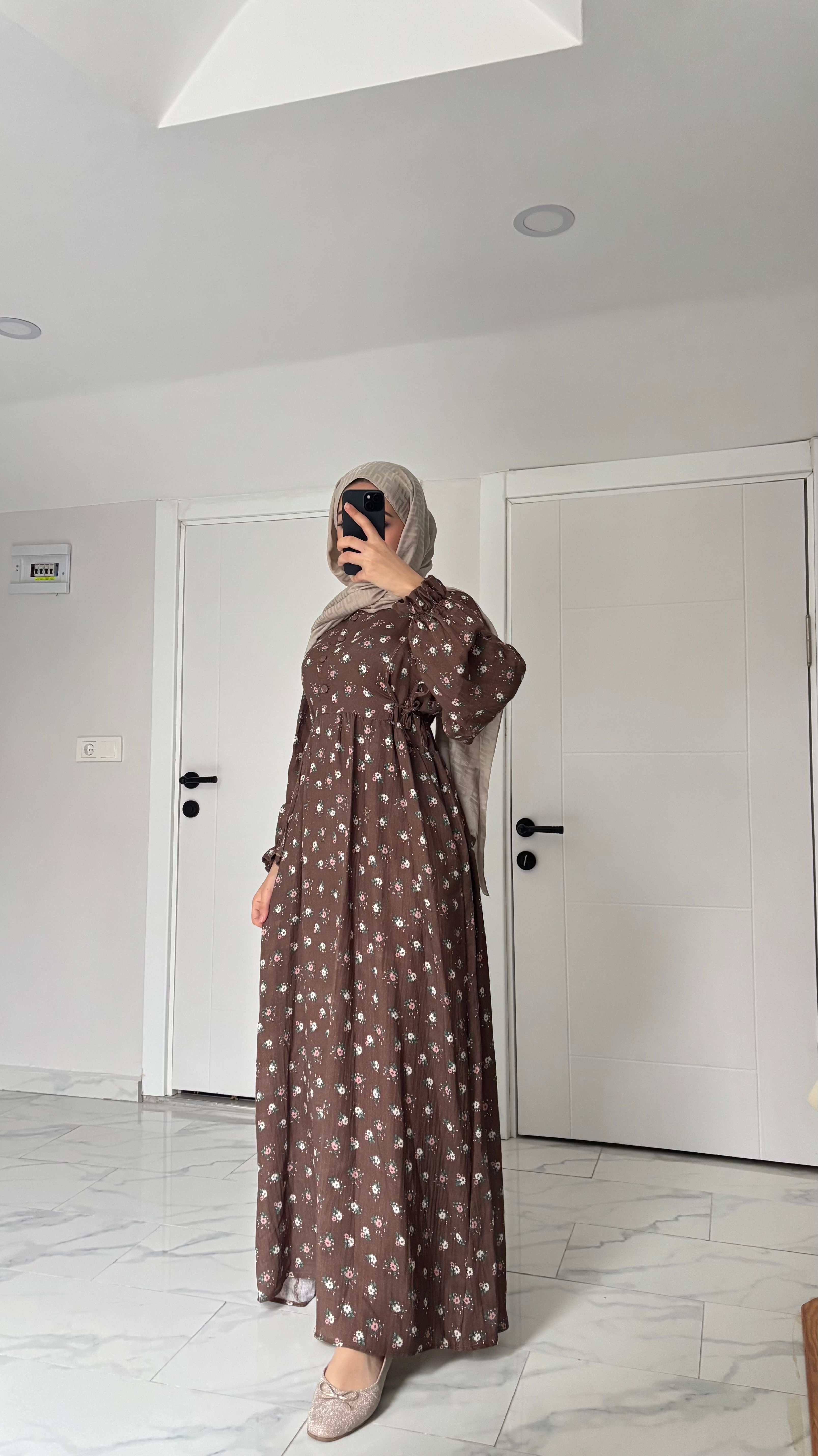 Vintage Çiçek Desenli Elbise - Kahve