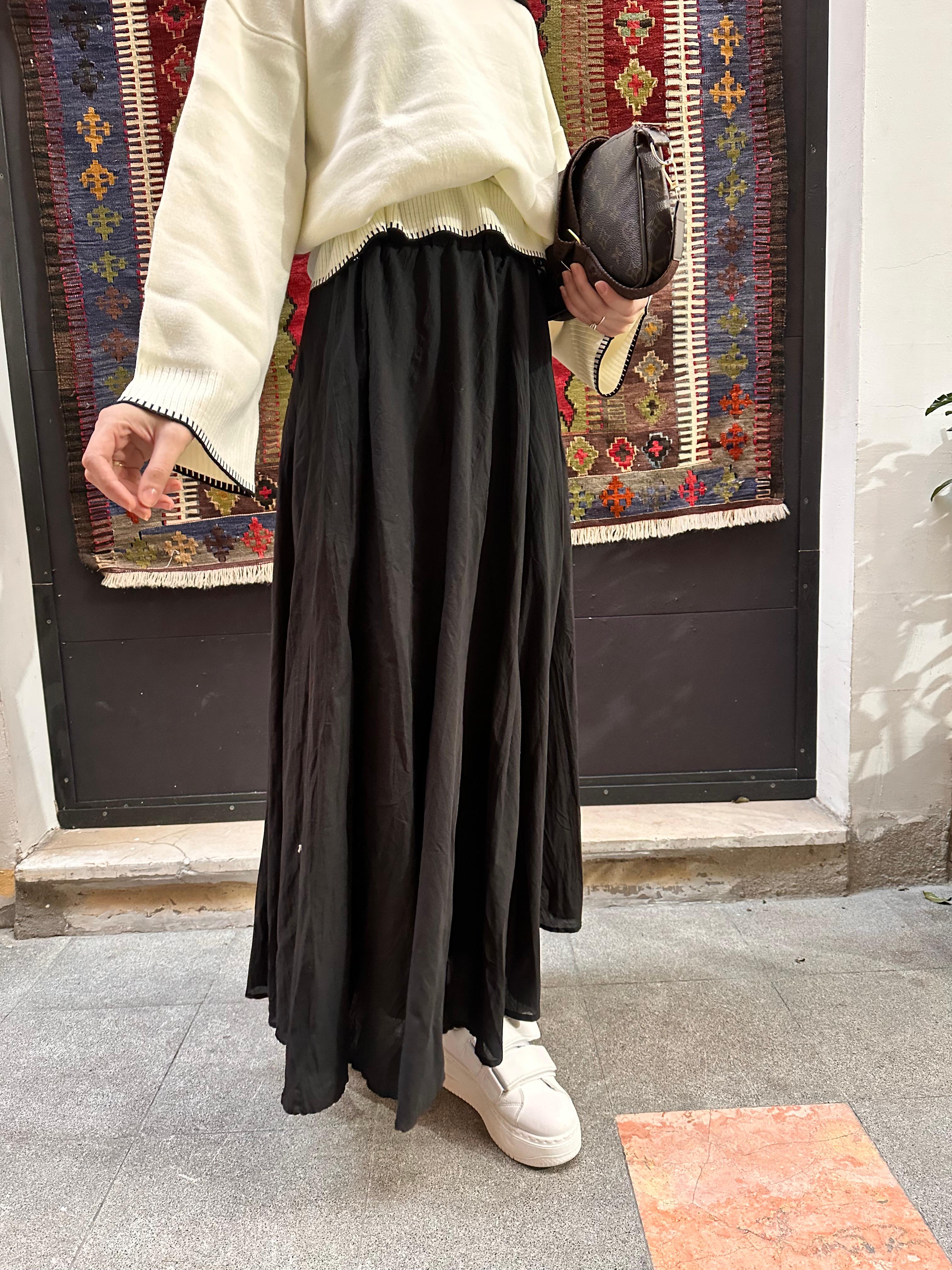 Kırışık Poplin etek - Siyah