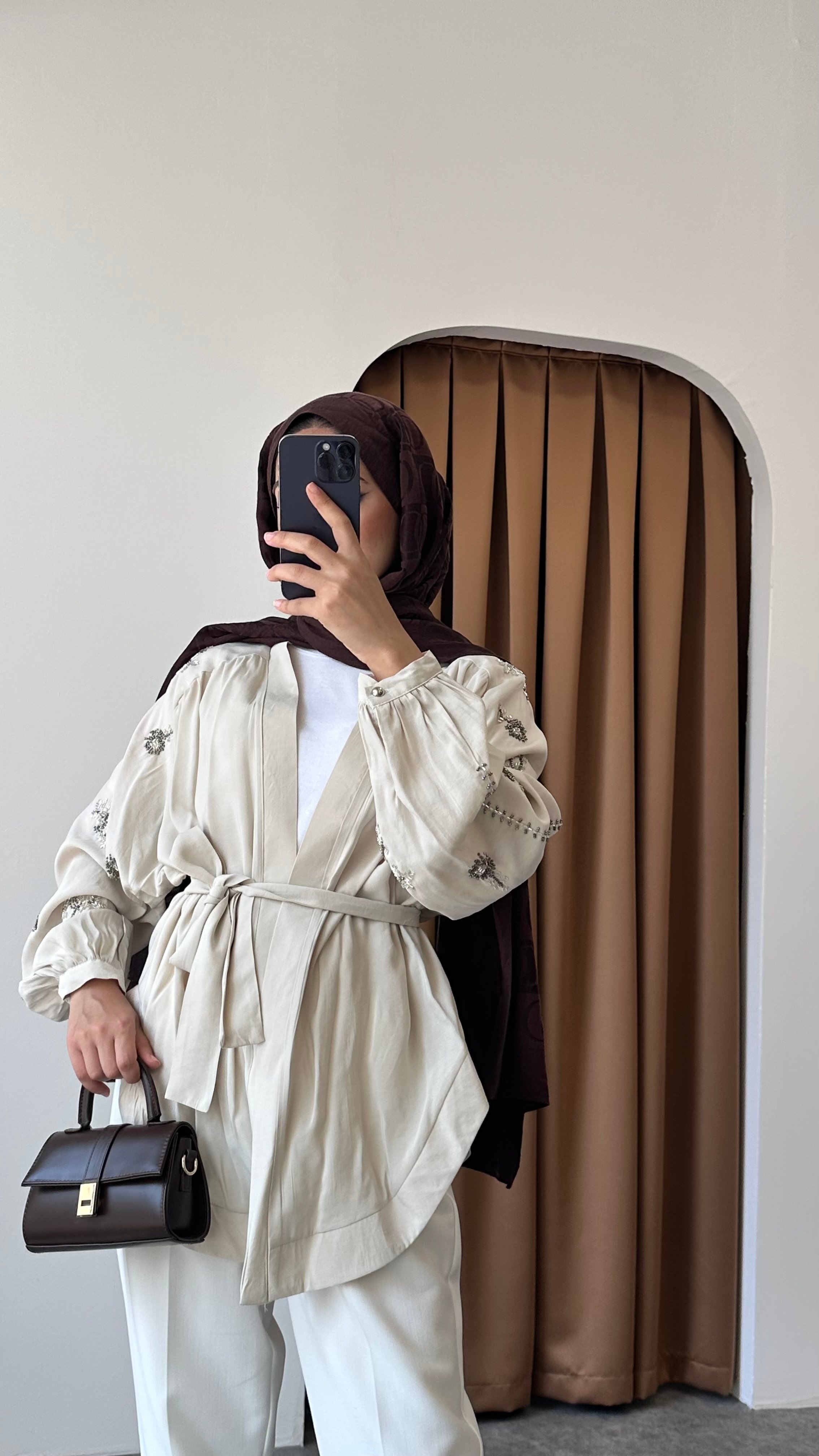 Taş detaylı kimono - Bej